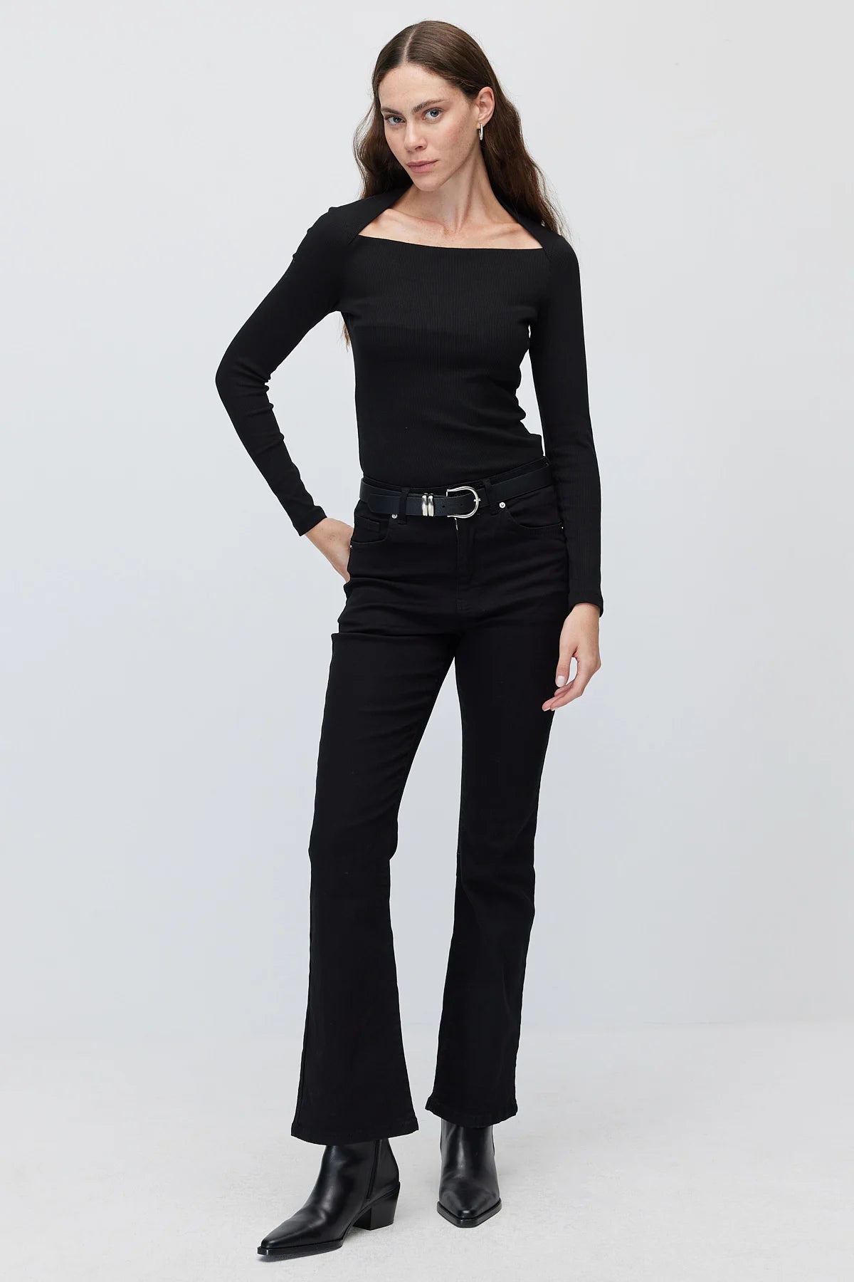 Women's Square Neck Ribbed Long Sleeve Blouse