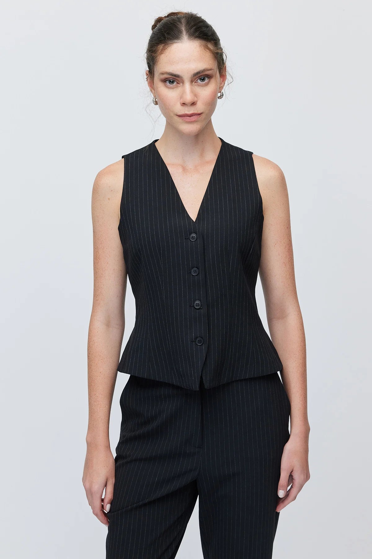 Women's Striped V-Neck Button-Down Fabric Vest