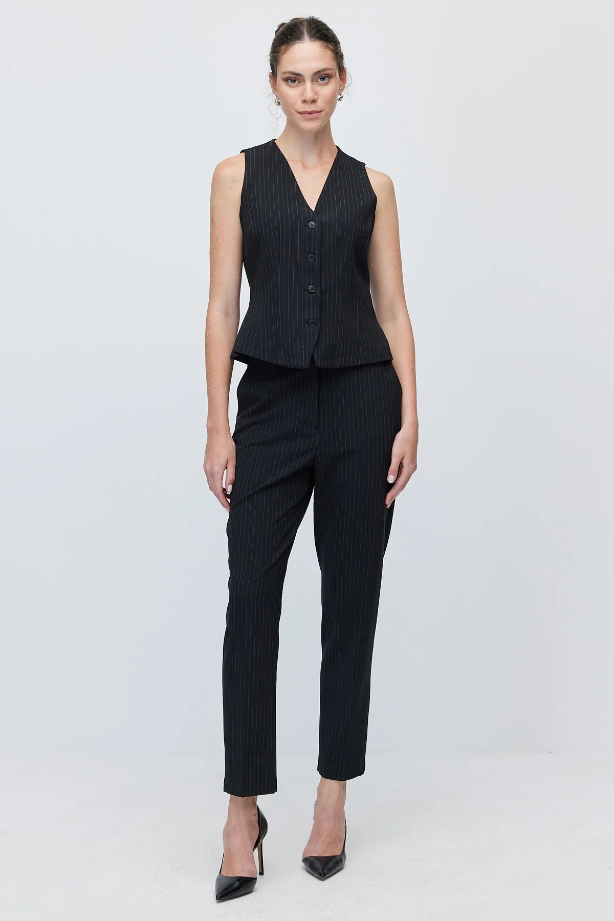 Women's Striped V-Neck Button-Down Fabric Vest