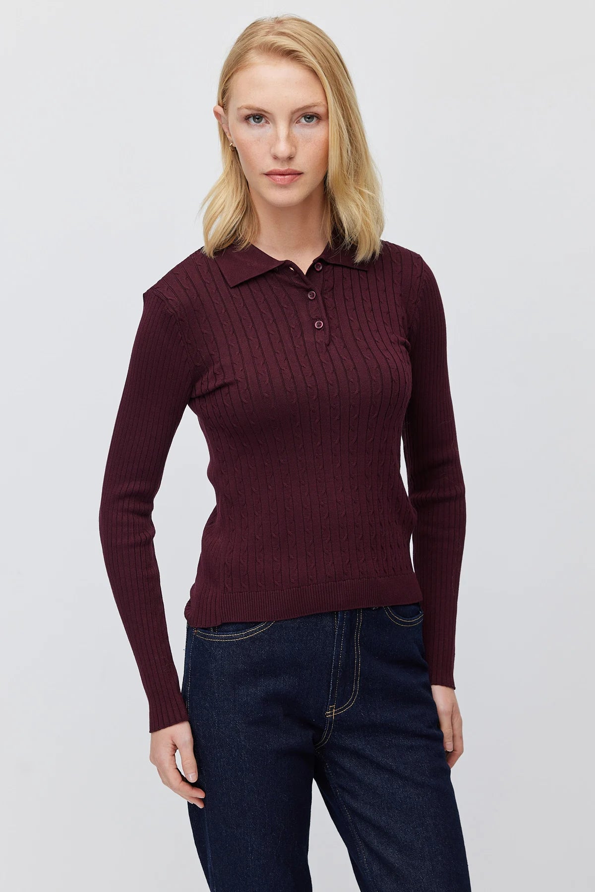 Women's Button Down Collar Self Patterned Knit Sweater