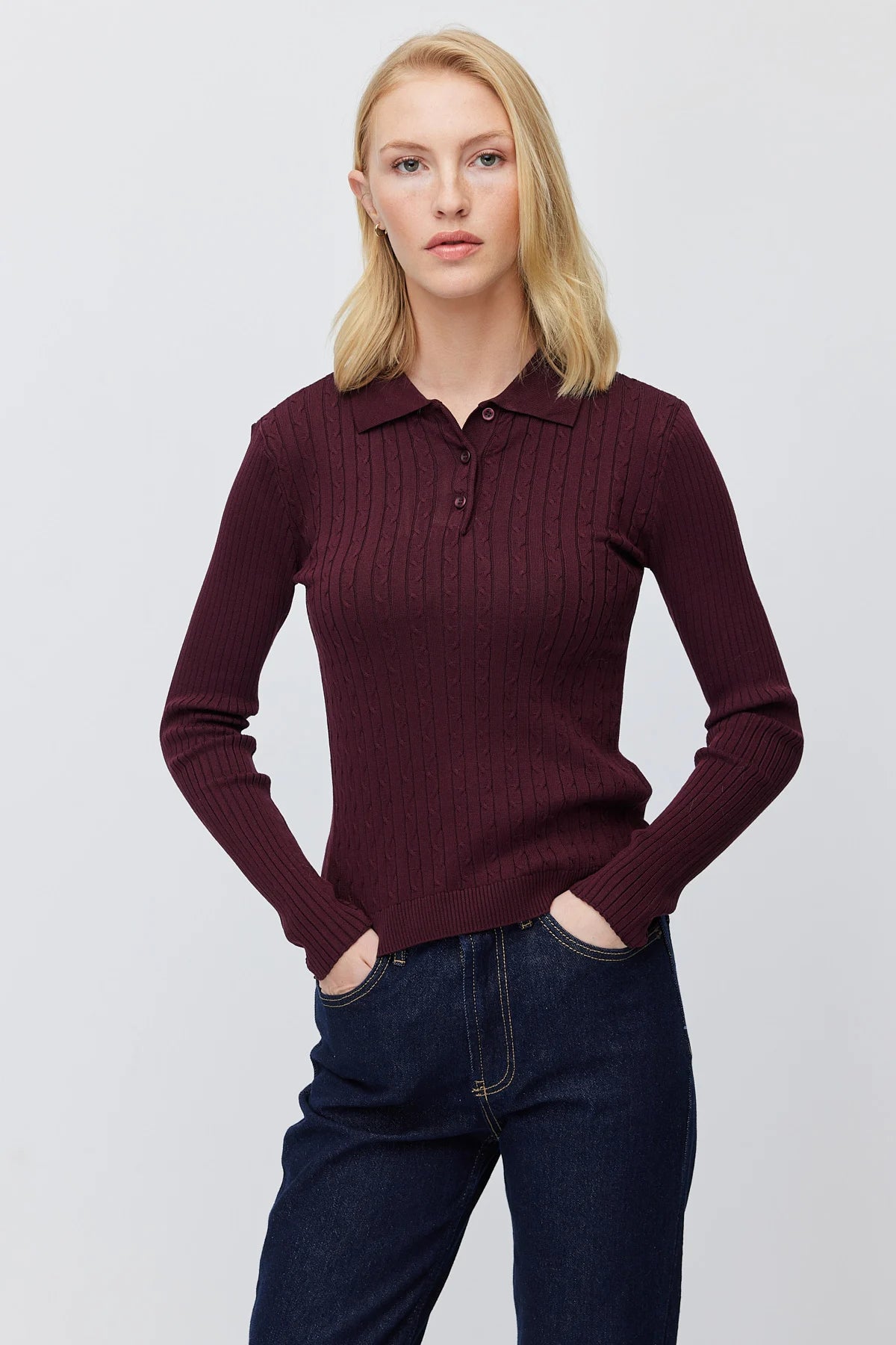 Women's Button Down Collar Self Patterned Knit Sweater