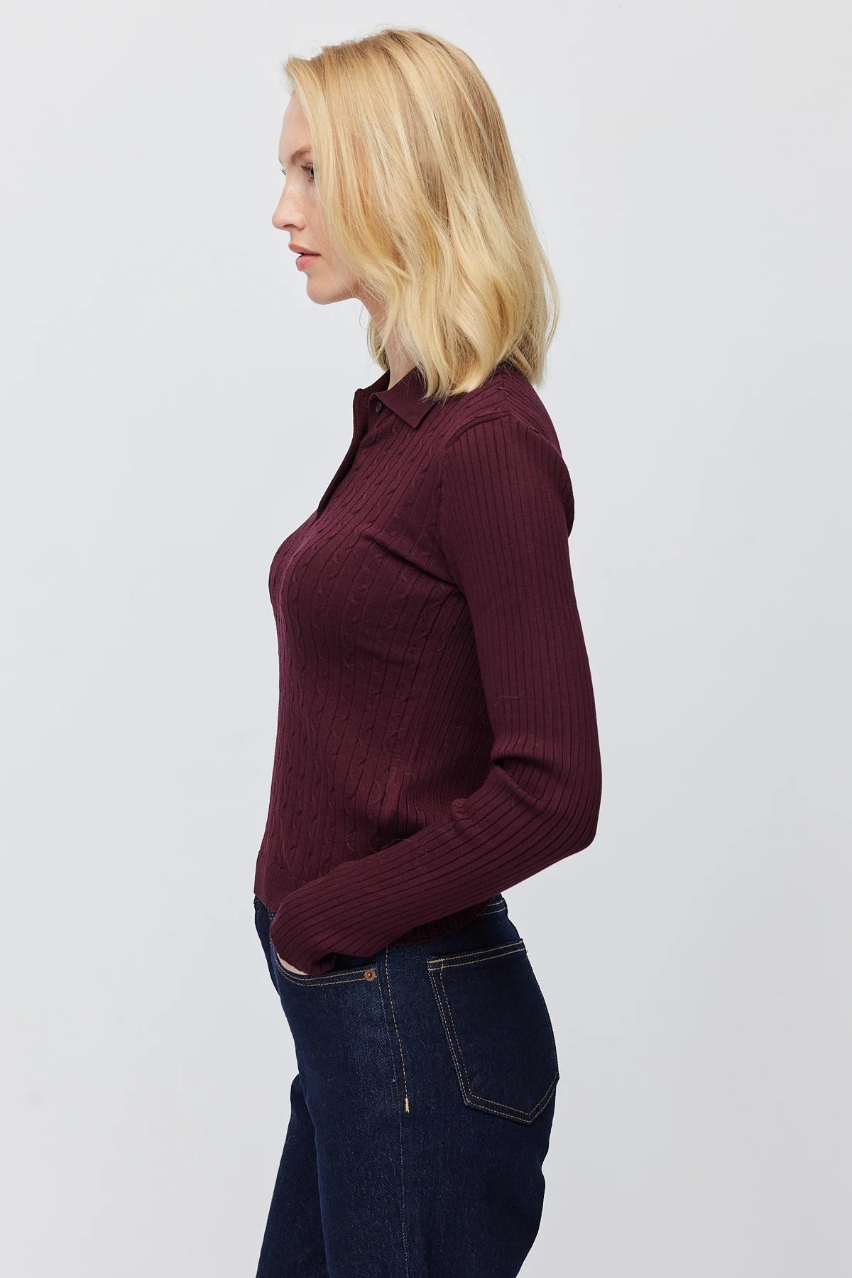 Women's Button Down Collar Self Patterned Knit Sweater