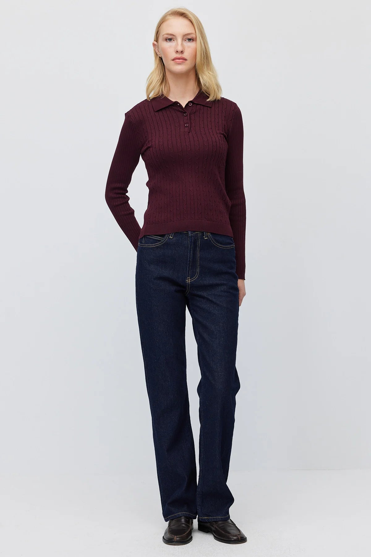 Women's Button Down Collar Self Patterned Knit Sweater