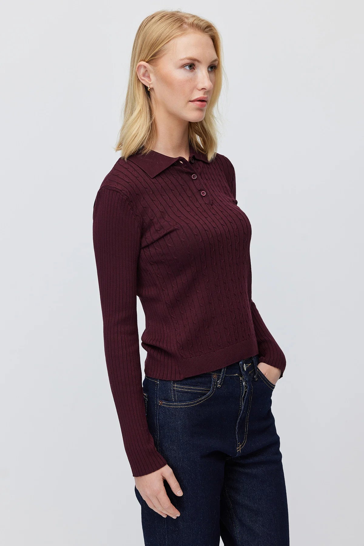 Women's Button Down Collar Self Patterned Knit Sweater