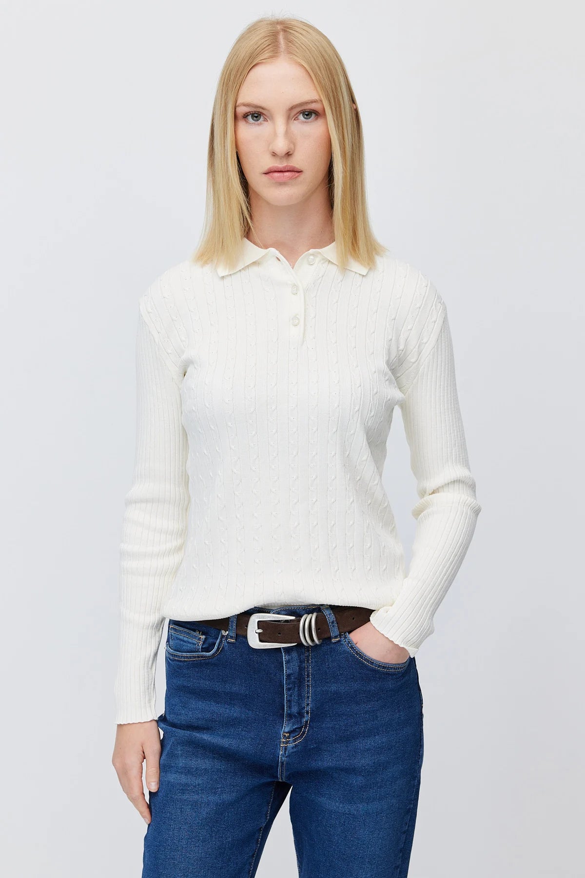 Women's Button Down Collar Self Patterned Knit Sweater