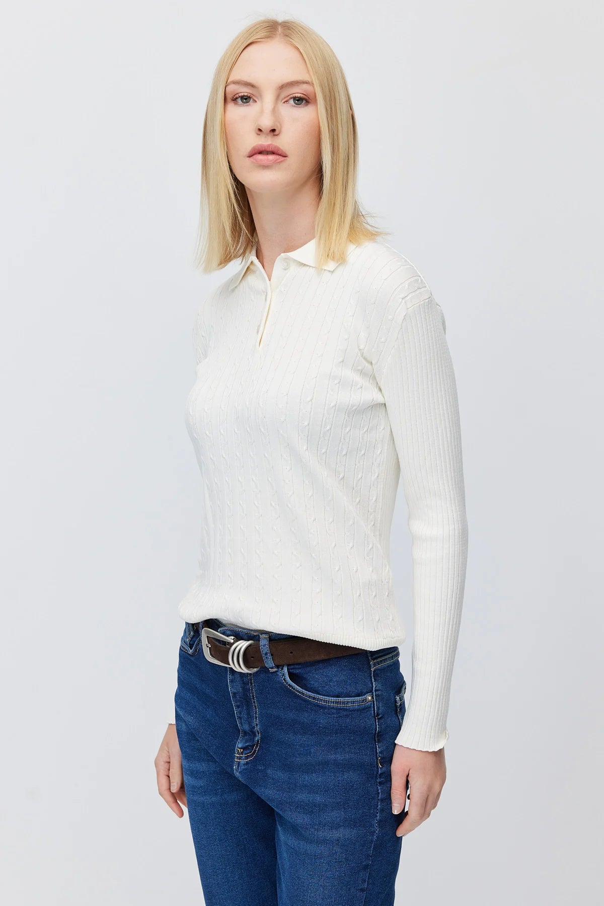 Women's Button Down Collar Self Patterned Knit Sweater