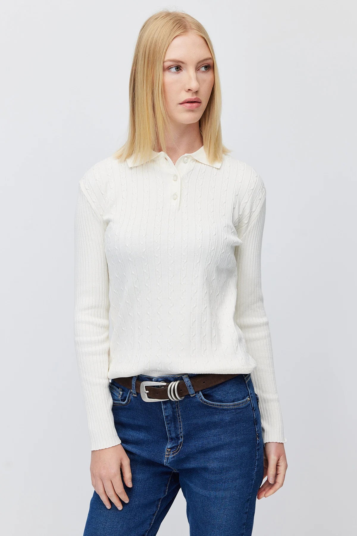 Women's Button Down Collar Self Patterned Knit Sweater