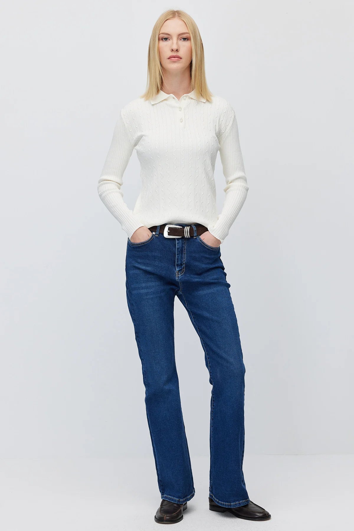 Women's Button Down Collar Self Patterned Knit Sweater