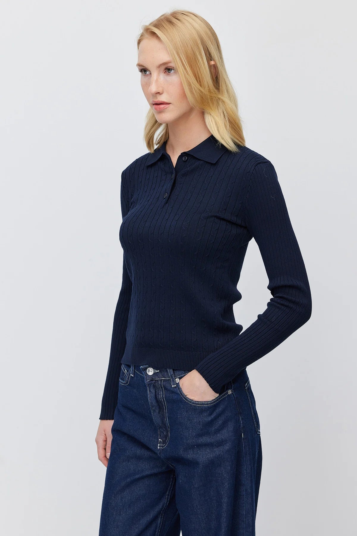 Women's Button Down Collar Self Patterned Knit Sweater