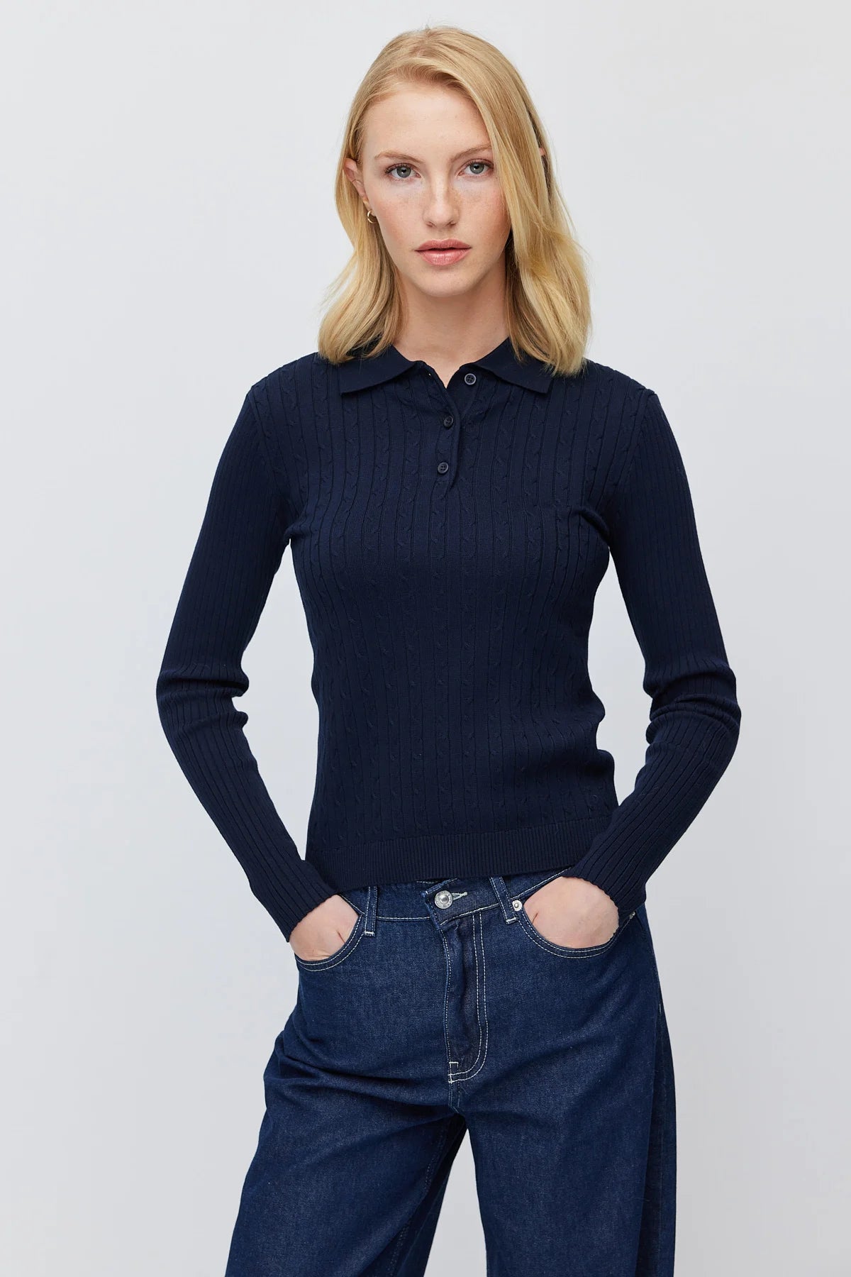 Women's Button Down Collar Self Patterned Knit Sweater