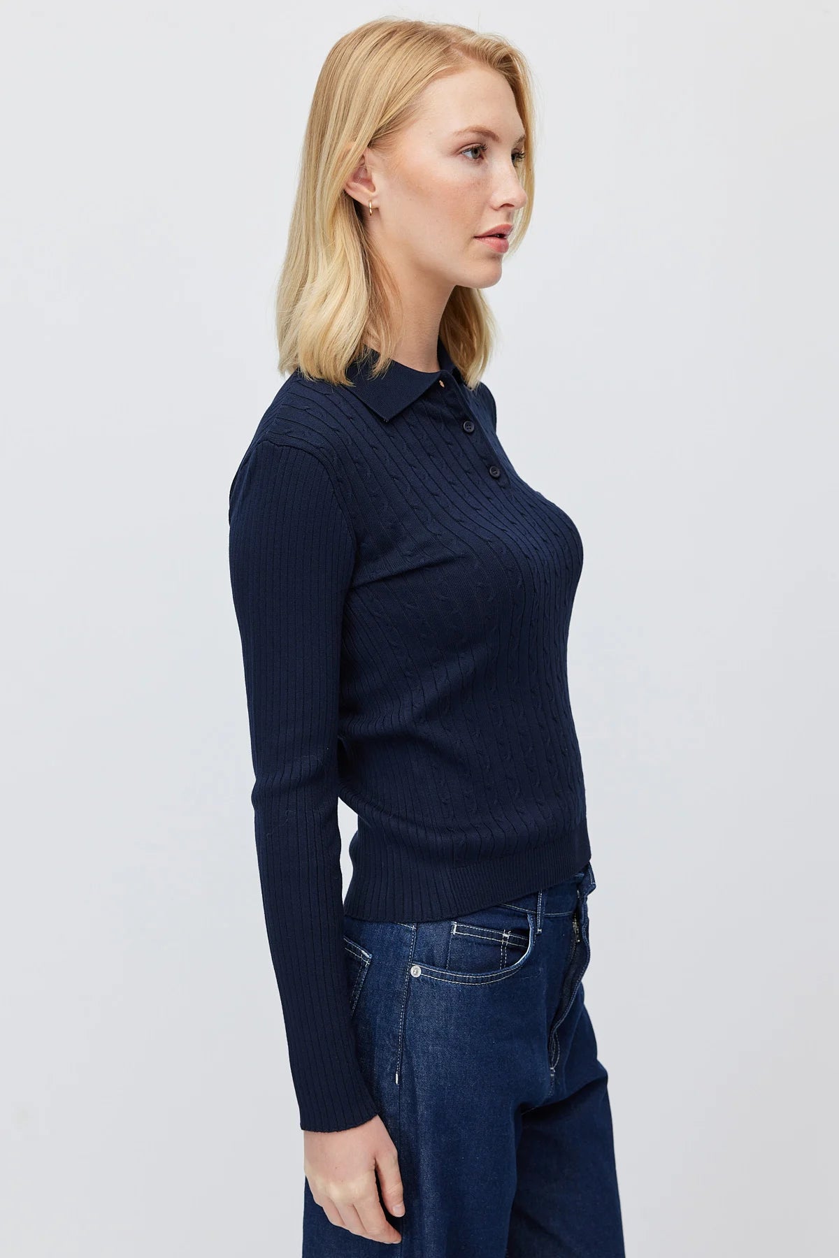 Women's Button Down Collar Self Patterned Knit Sweater