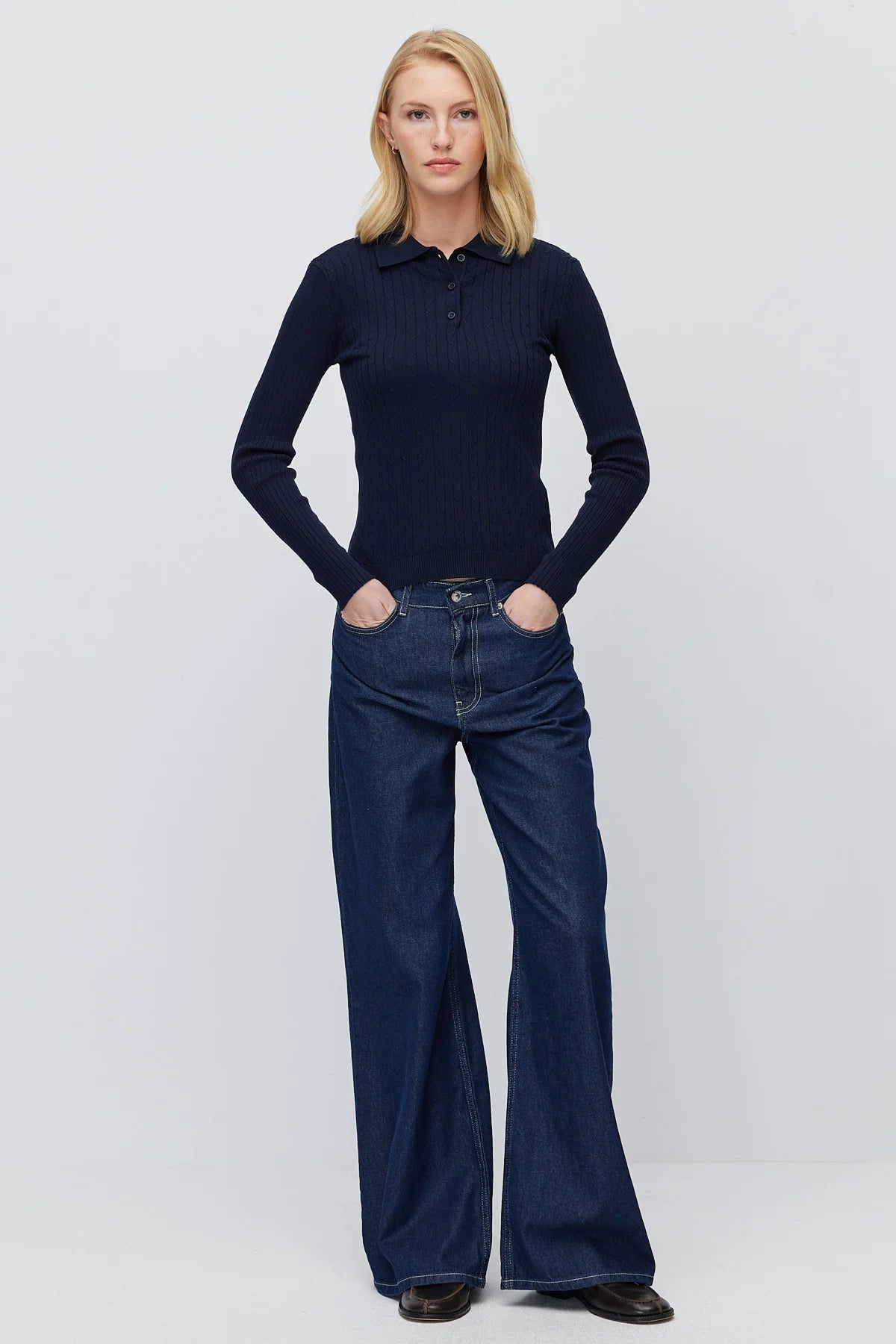 Women's Button Down Collar Self Patterned Knit Sweater