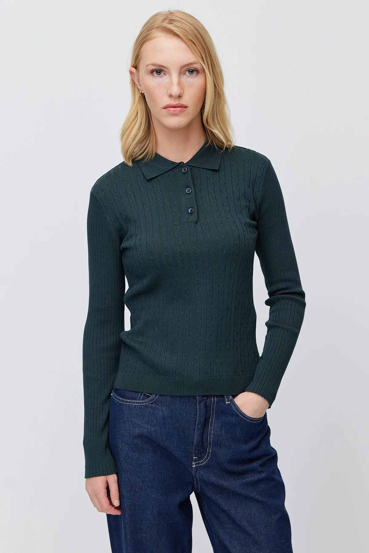 Women's Button Down Collar Self Patterned Knit Sweater