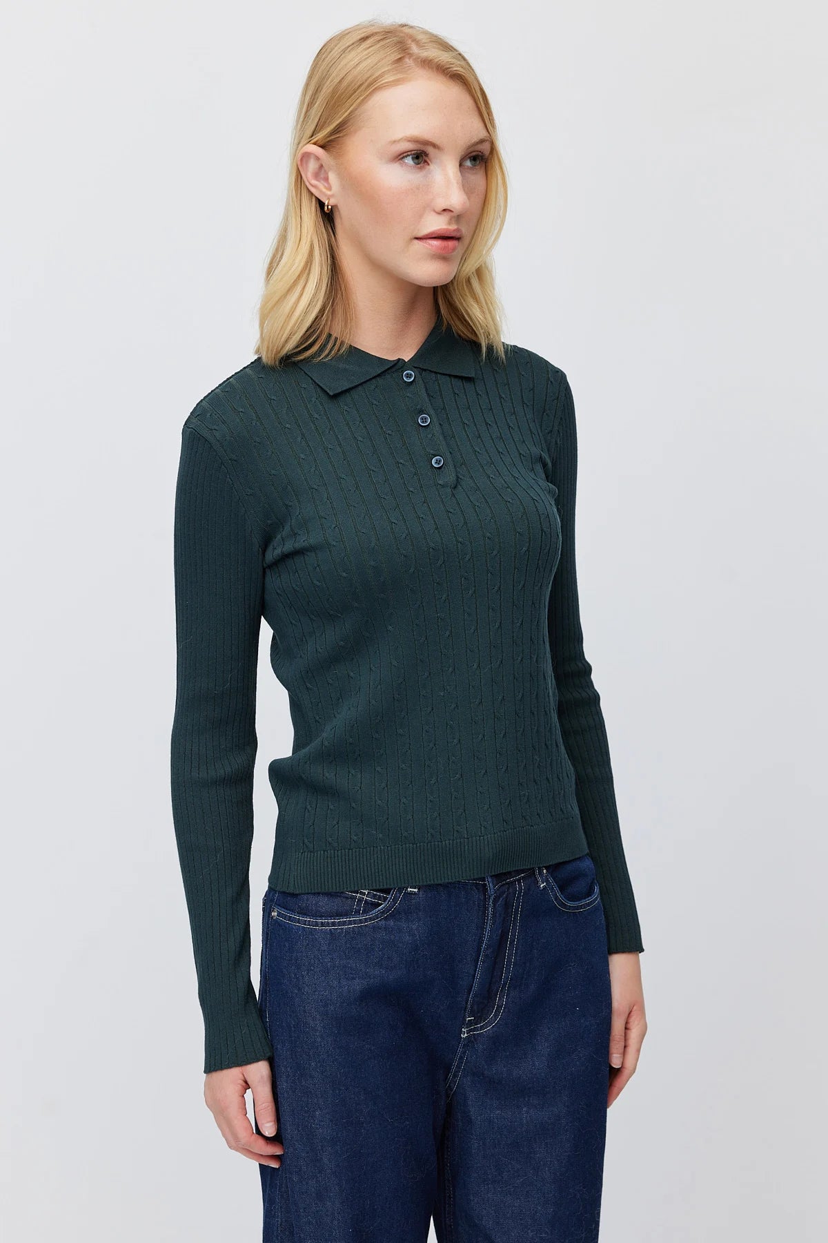 Women's Button Down Collar Self Patterned Knit Sweater