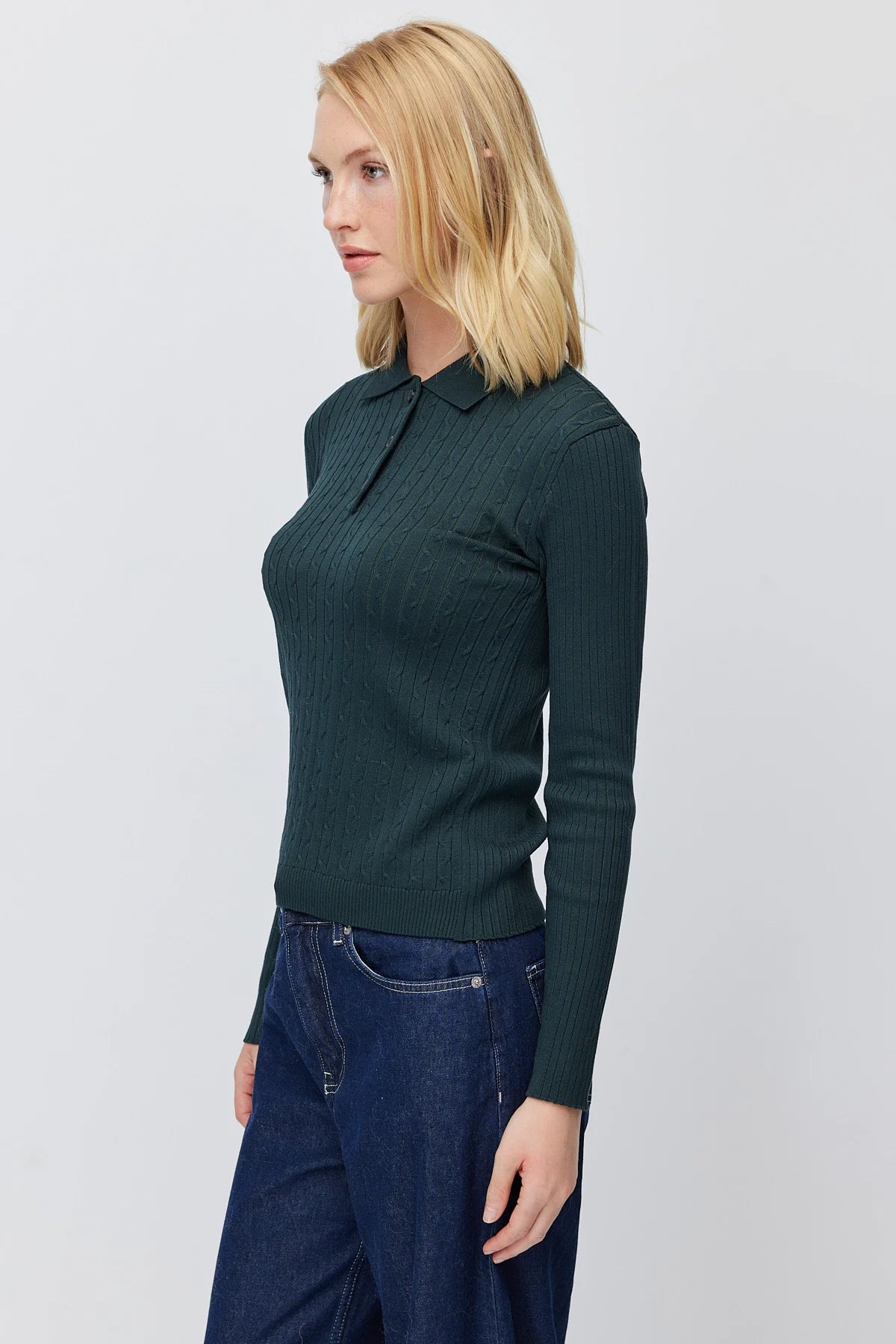 Women's Button Down Collar Self Patterned Knit Sweater