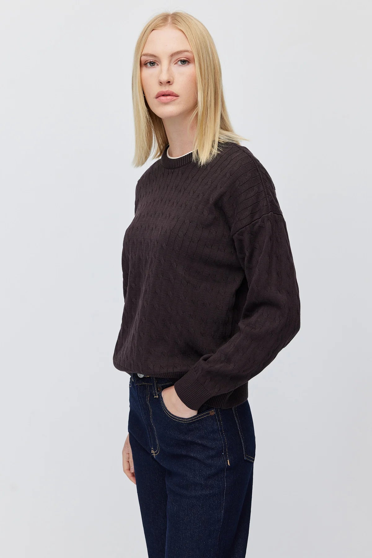 Women's Cable Knit Pattern Crew Neck Sweater