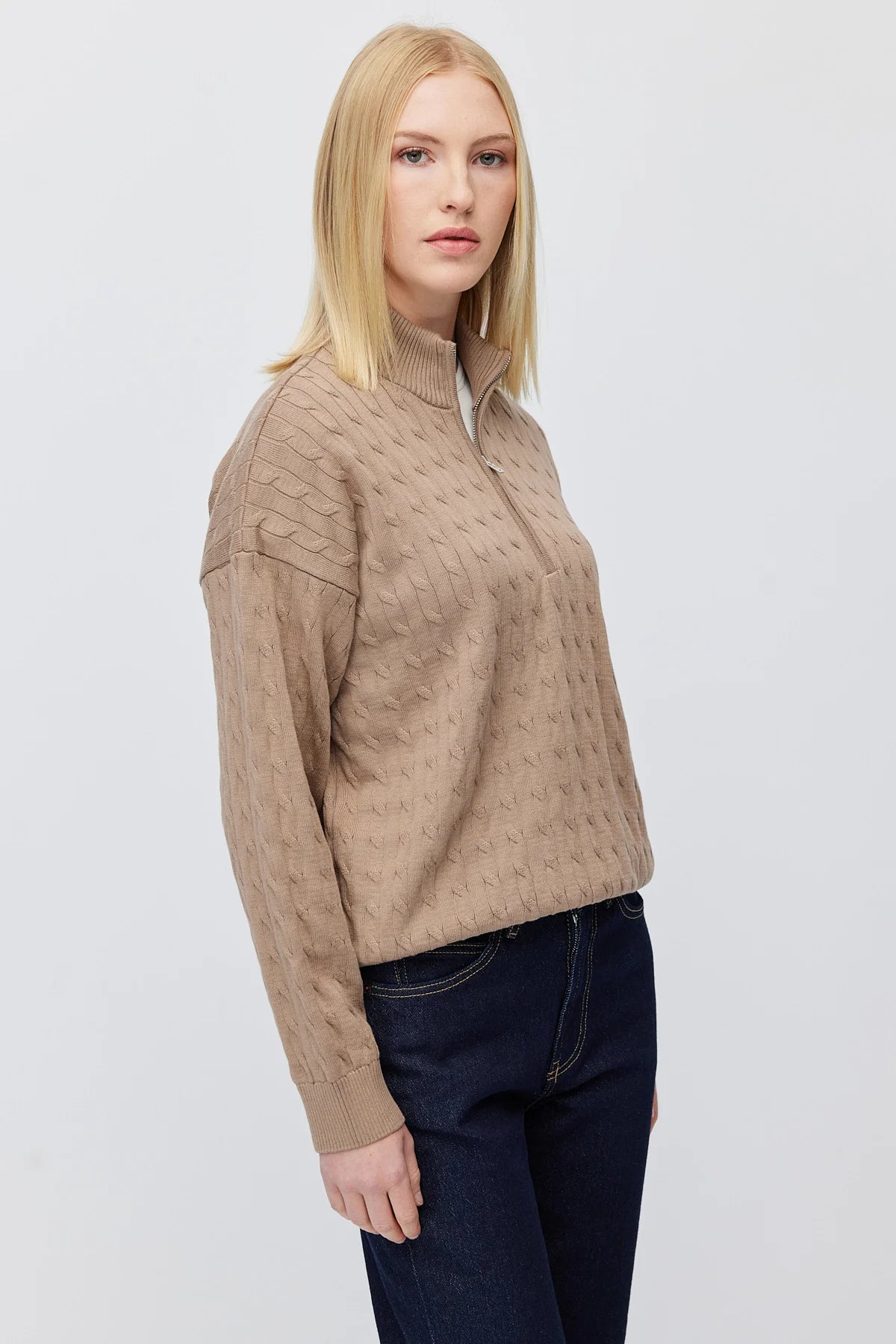 Women's Cable Knit Half Turtleneck Zipper Sweater