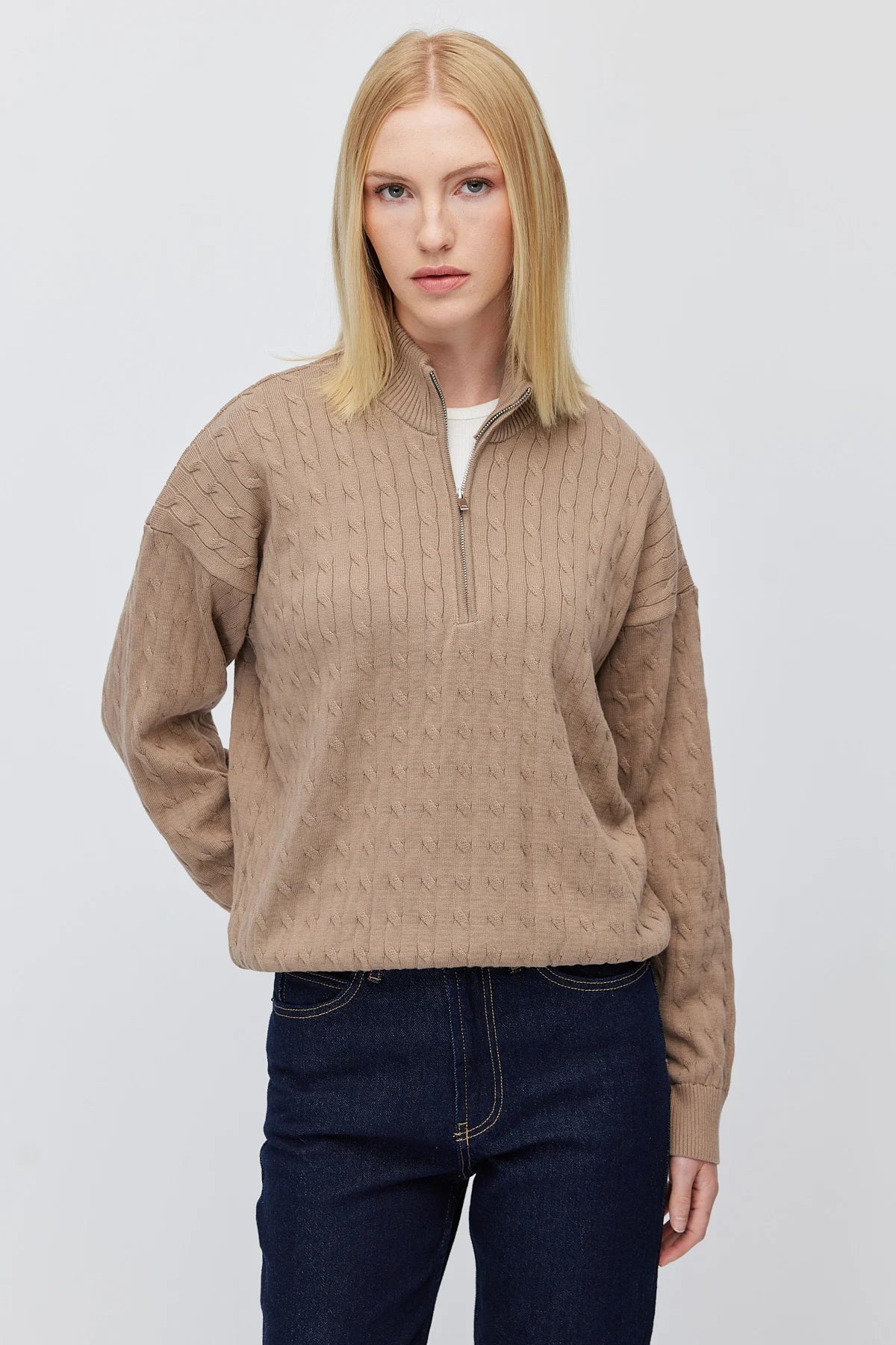 Women's Cable Knit Half Turtleneck Zipper Sweater