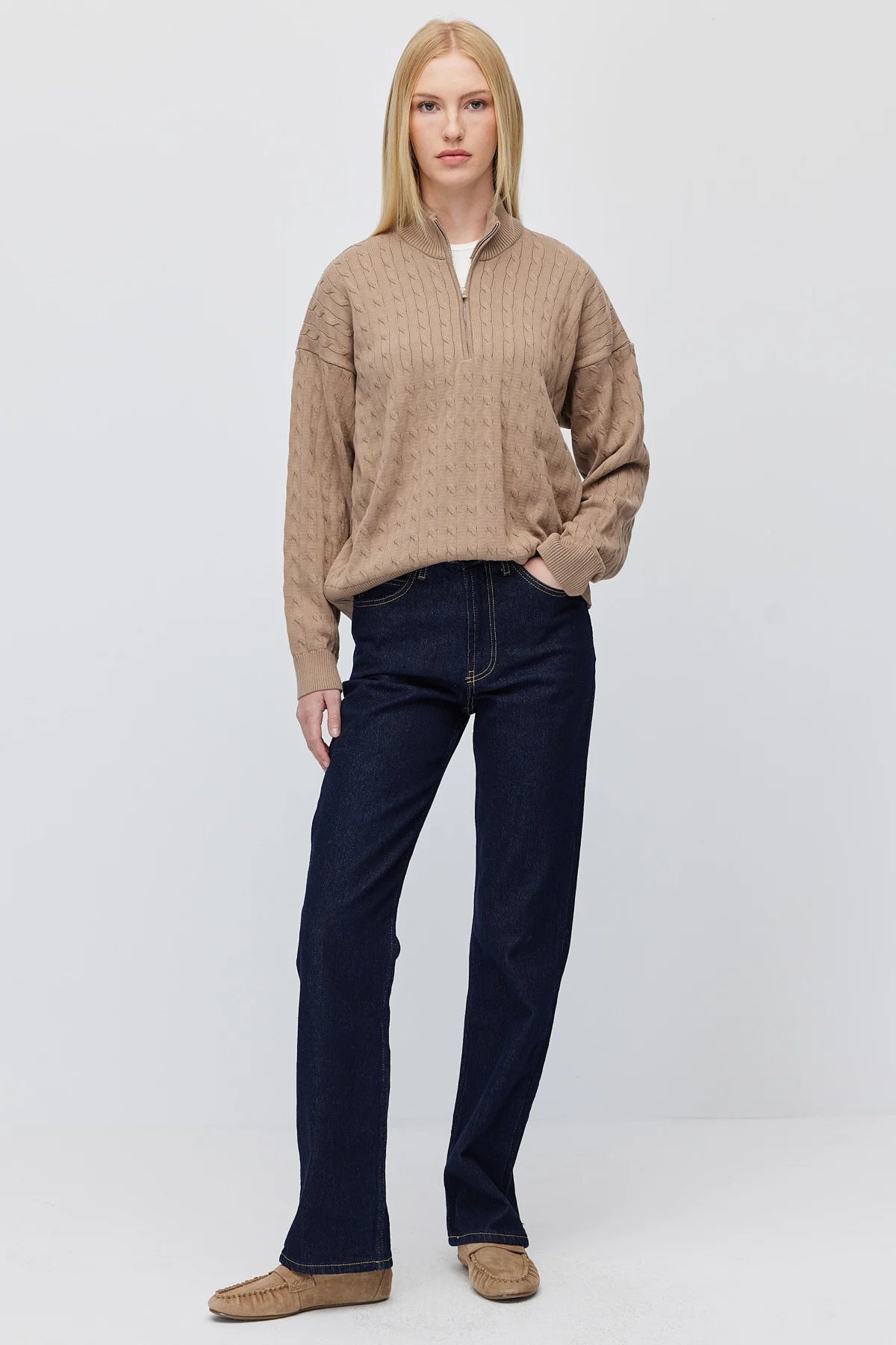 Women's Cable Knit Half Turtleneck Zipper Sweater