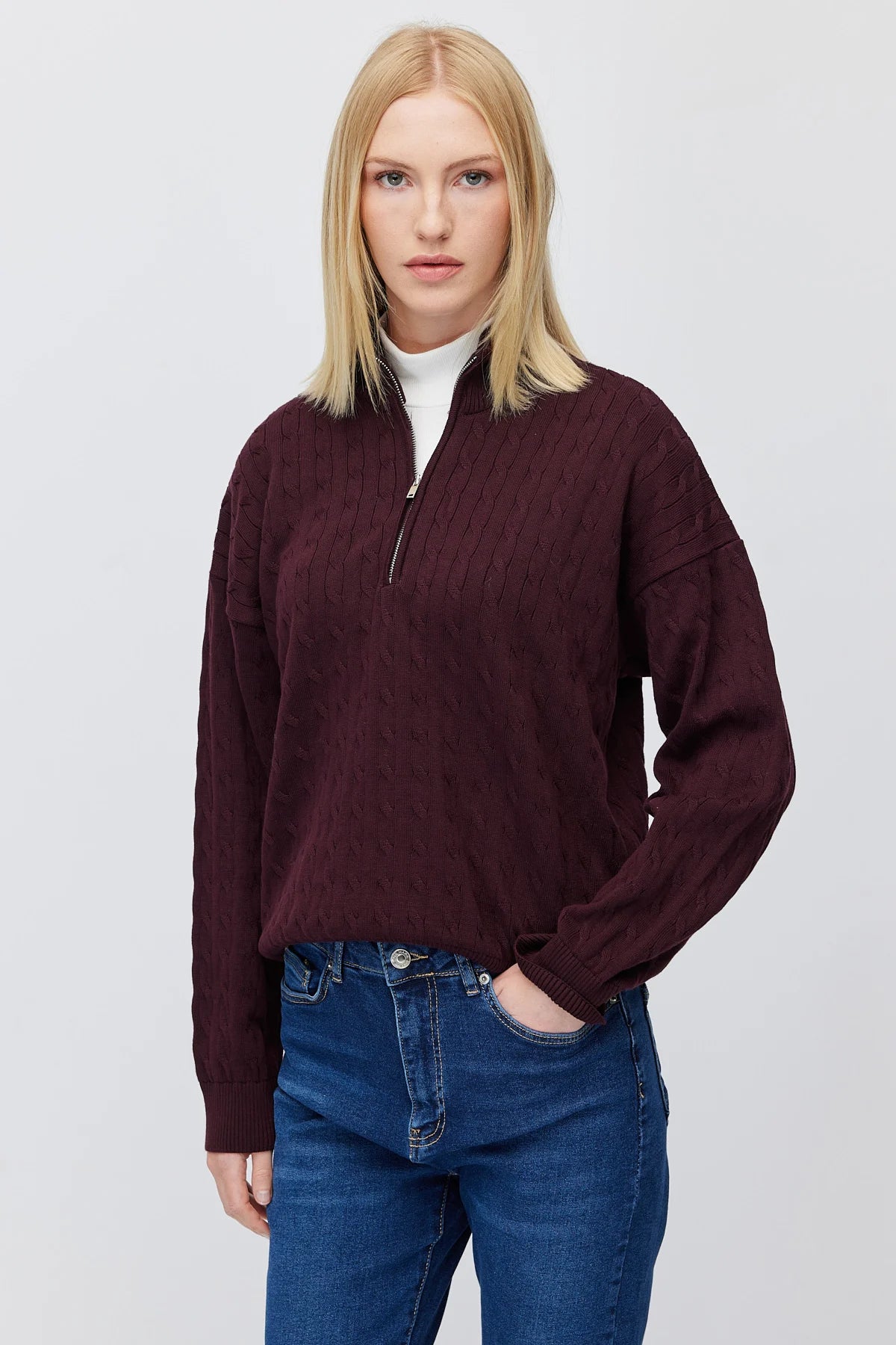 Women's Cable Knit Half Turtleneck Zipper Sweater