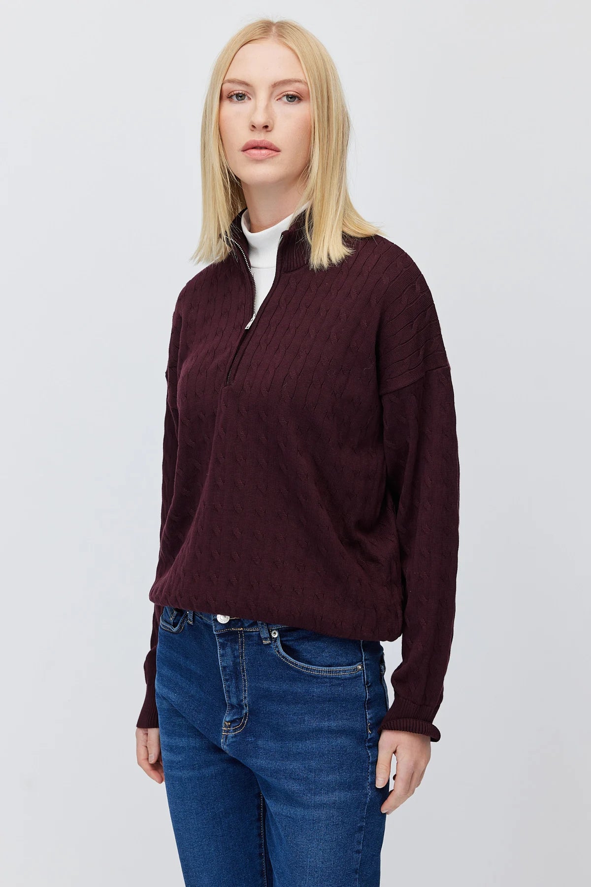 Women's Cable Knit Half Turtleneck Zipper Sweater