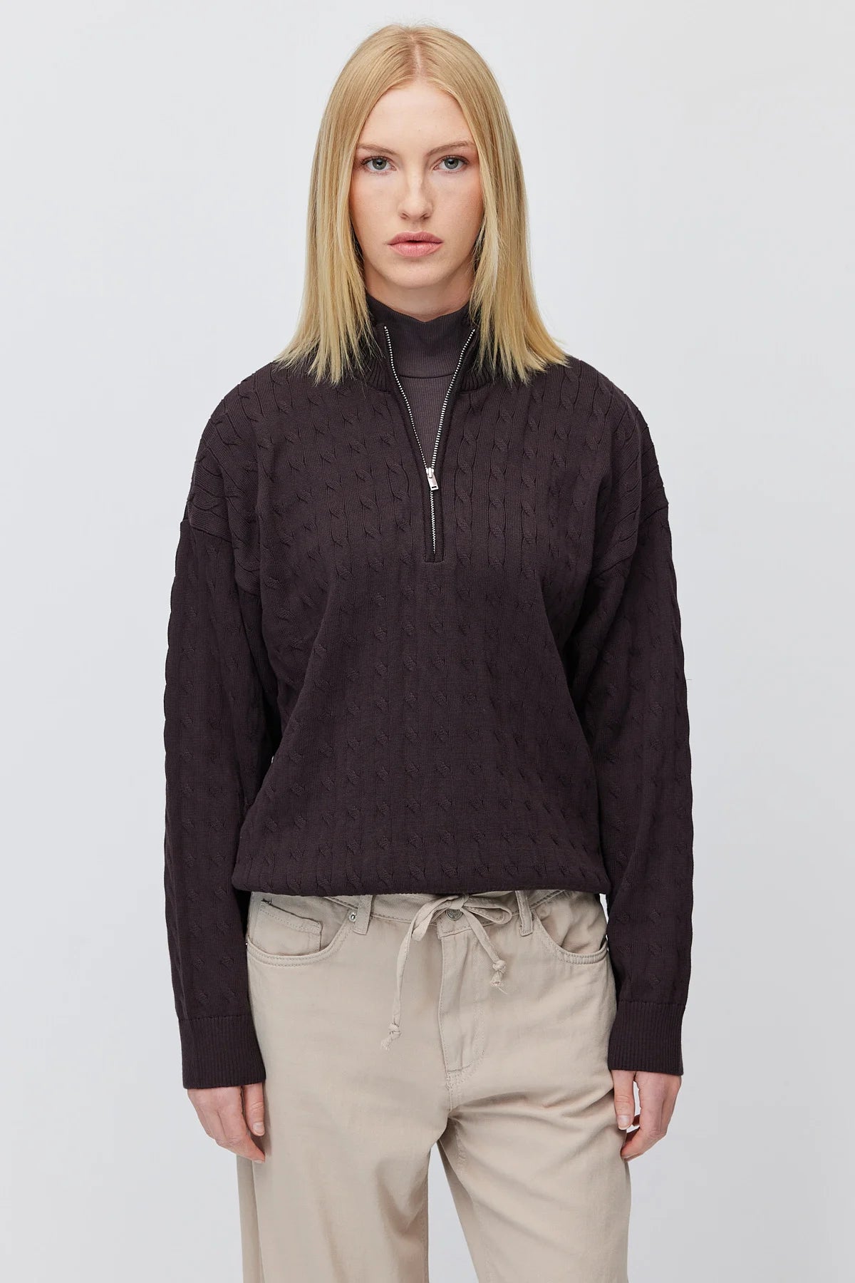Women's Cable Knit Half Turtleneck Zipper Sweater