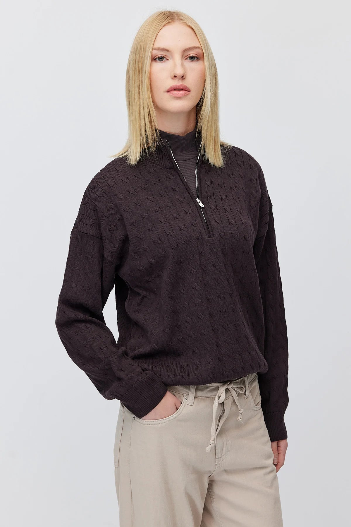 Women's Cable Knit Half Turtleneck Zipper Sweater