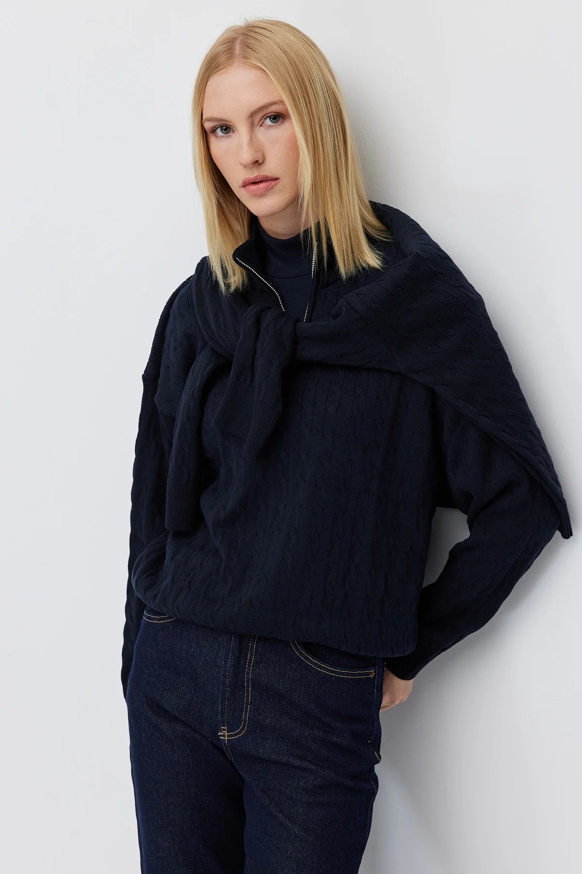 Women's Cable Knit Half Turtleneck Zipper Sweater