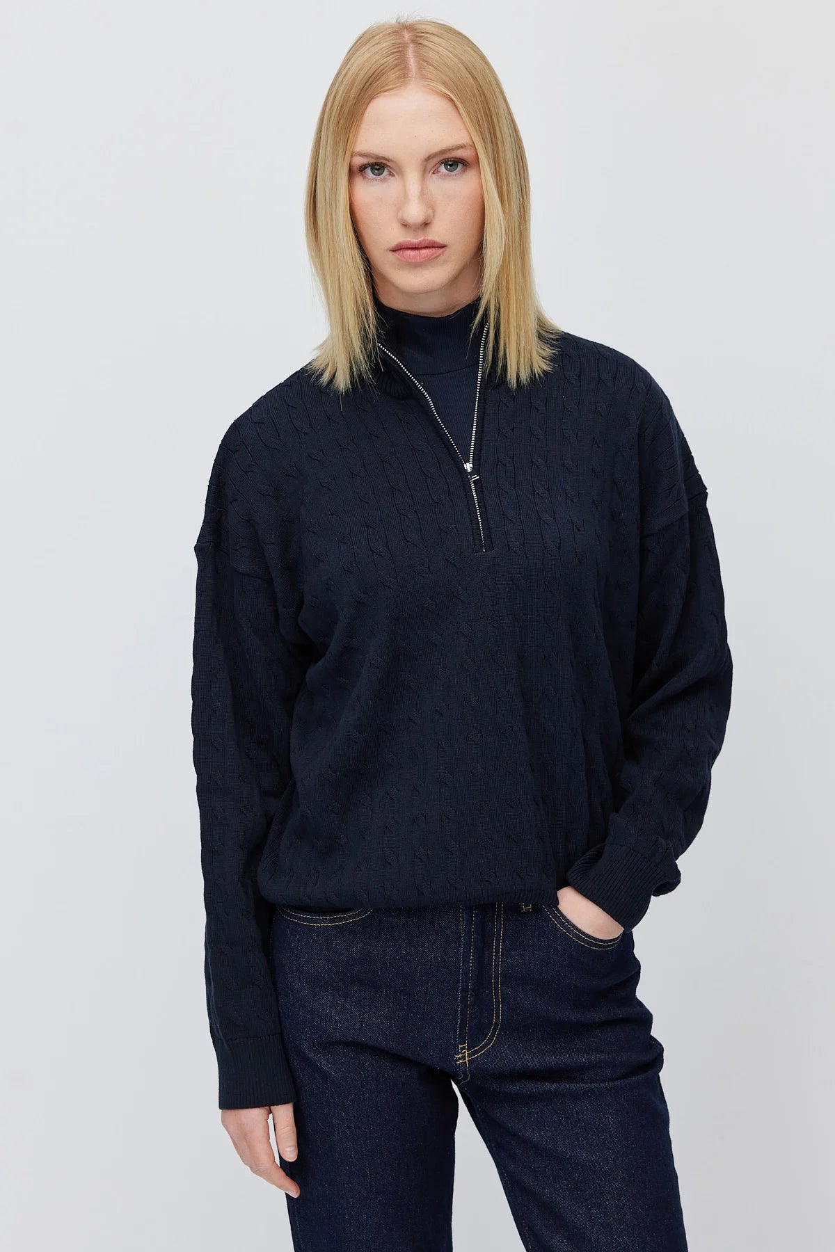 Women's Cable Knit Half Turtleneck Zipper Sweater