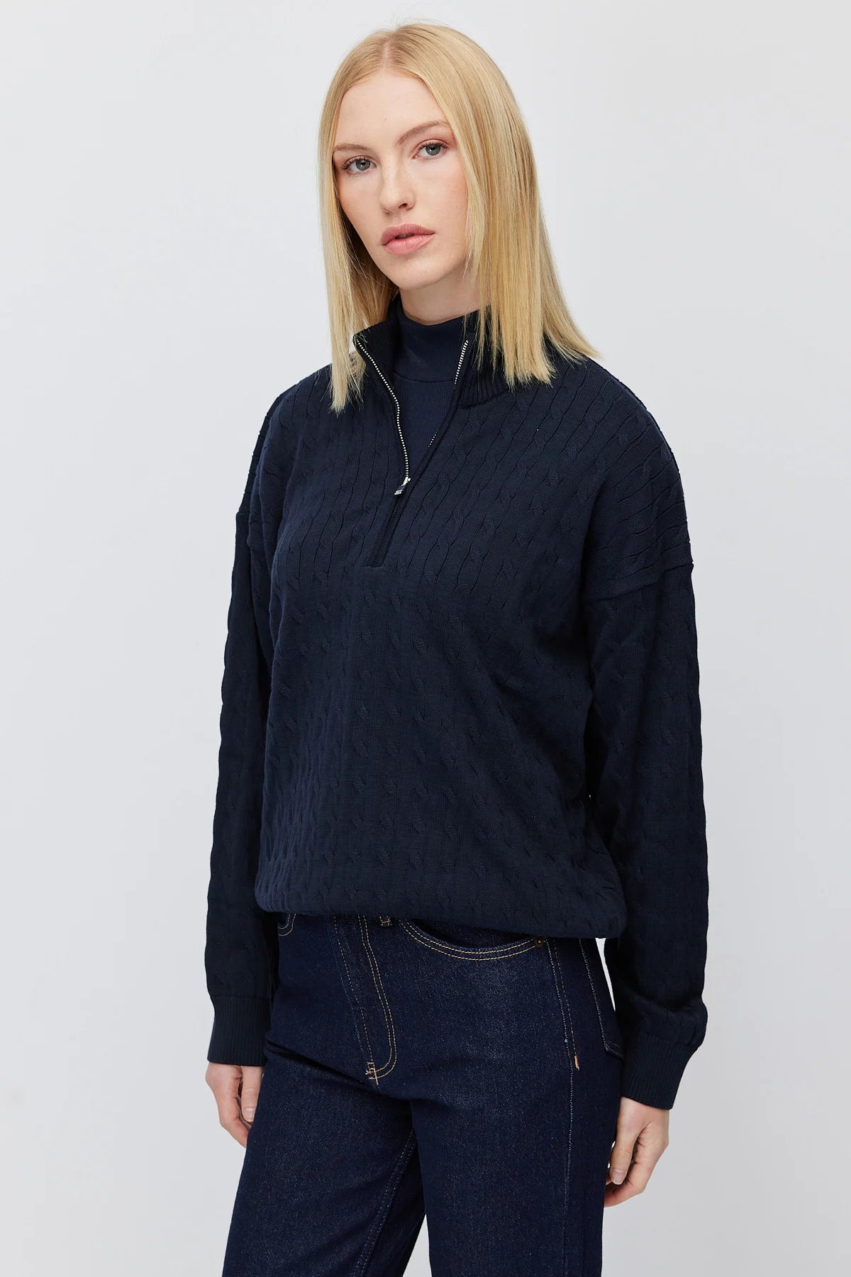 Women's Cable Knit Half Turtleneck Zipper Sweater