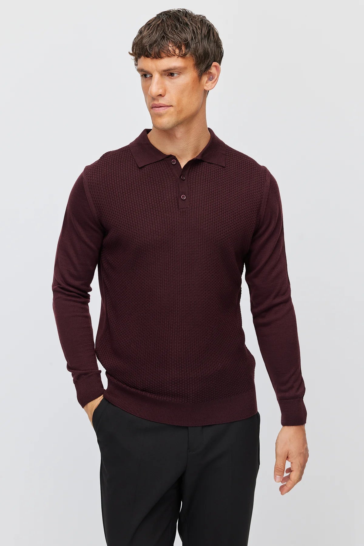 Men's Polo Collar Patterned Knit Sweater