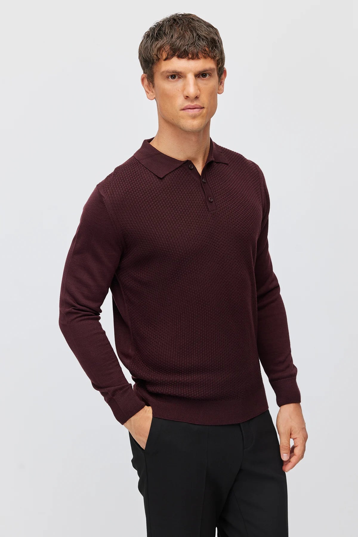 Men's Polo Collar Patterned Knit Sweater
