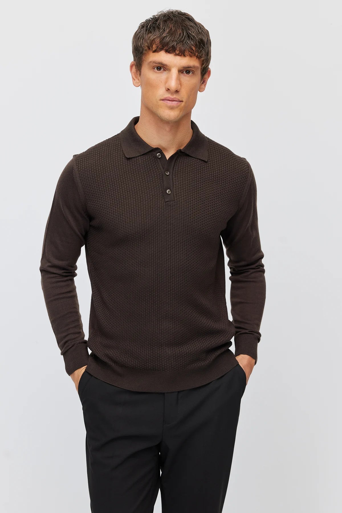 Men's Polo Collar Patterned Knit Sweater