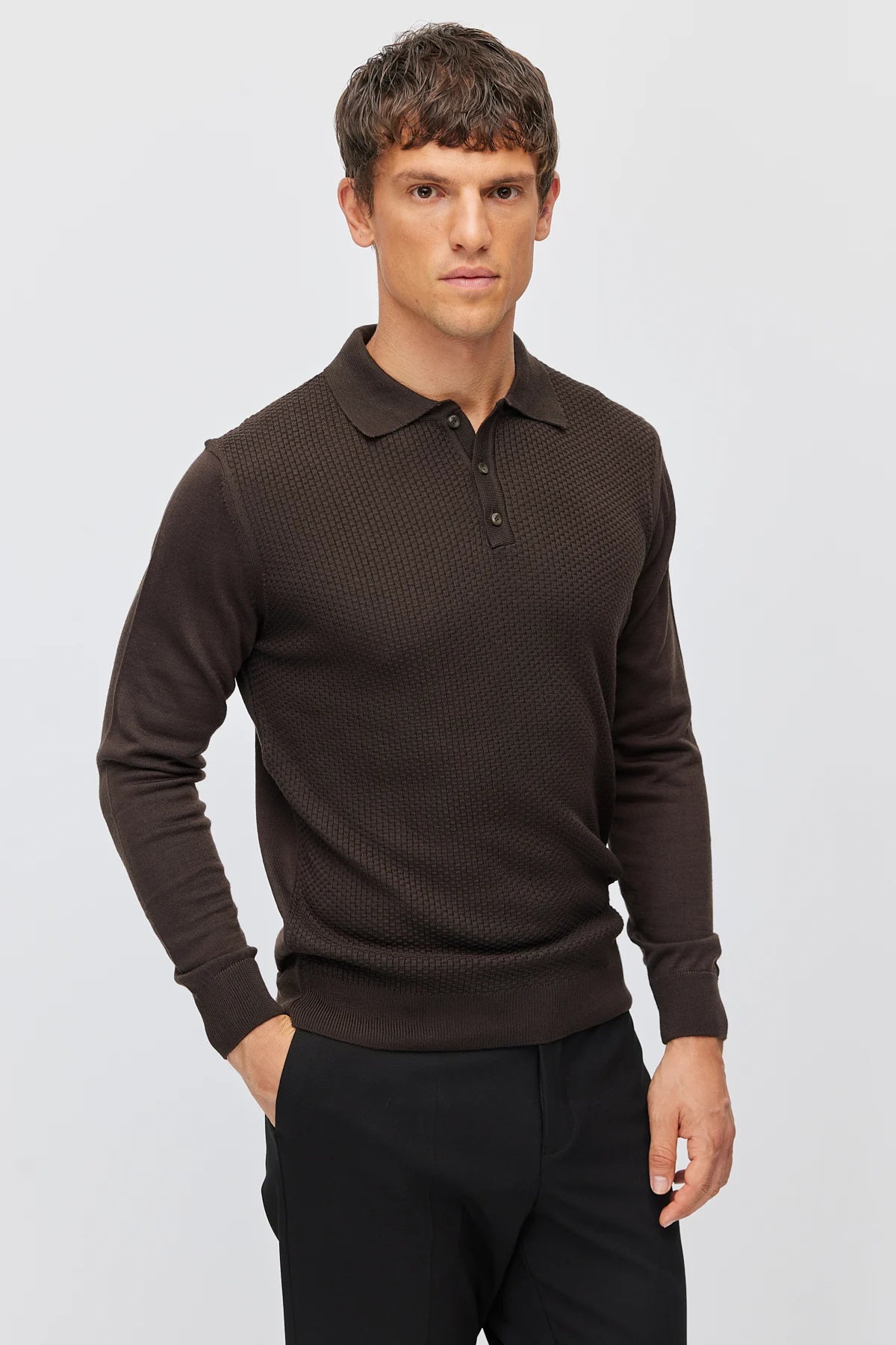 Men's Polo Collar Patterned Knit Sweater