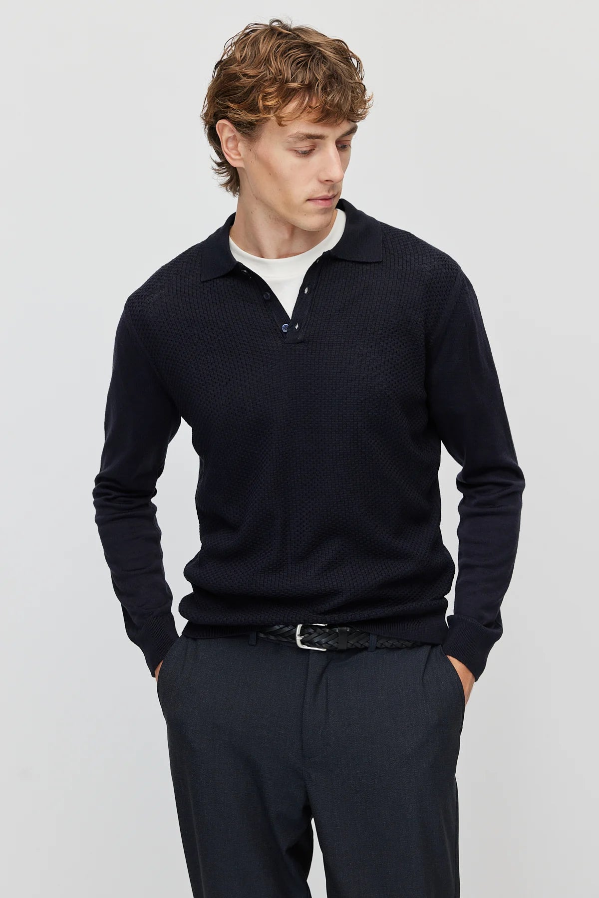 Men's Polo Collar Patterned Knit Sweater