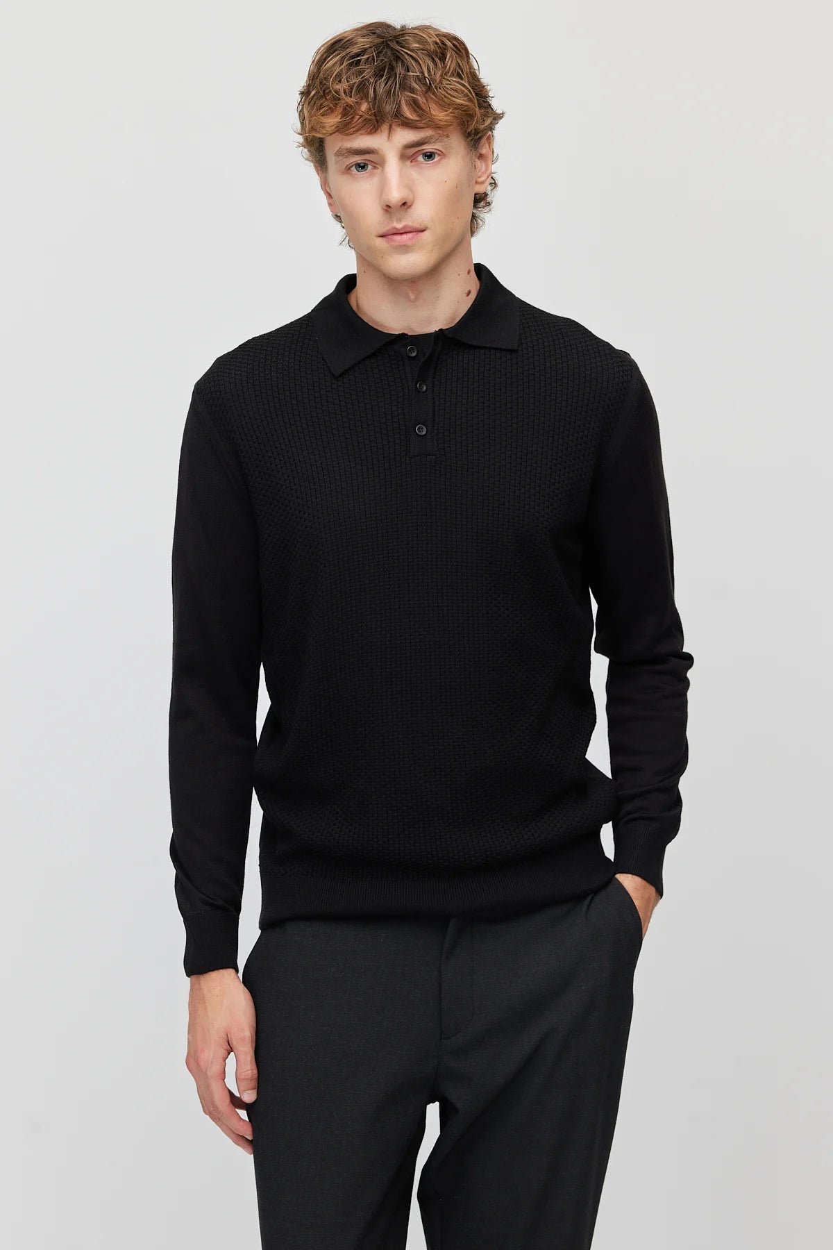 Men's Polo Collar Patterned Knit Sweater