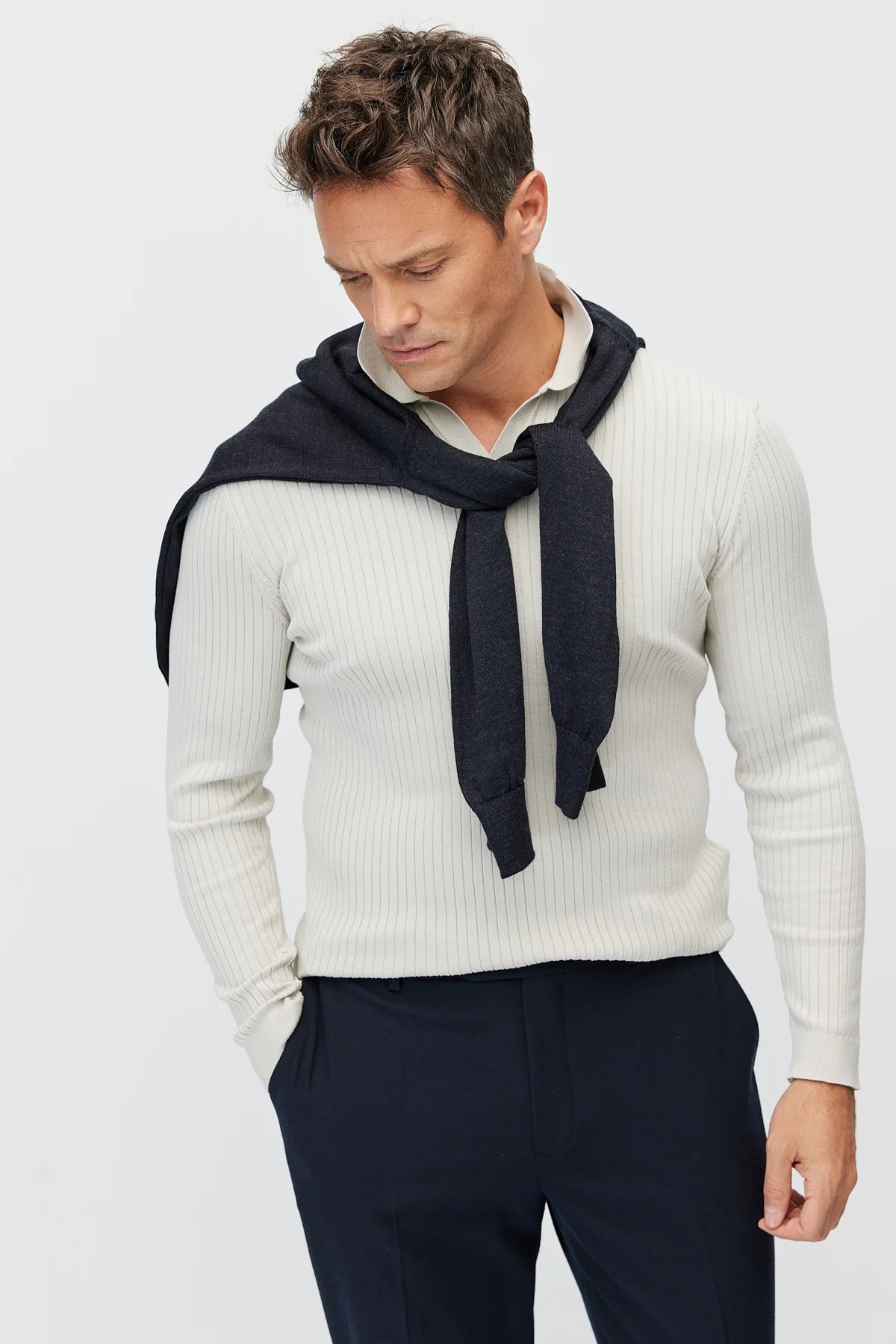 Men's Ribbed Polo Neck Knitwear Sweater