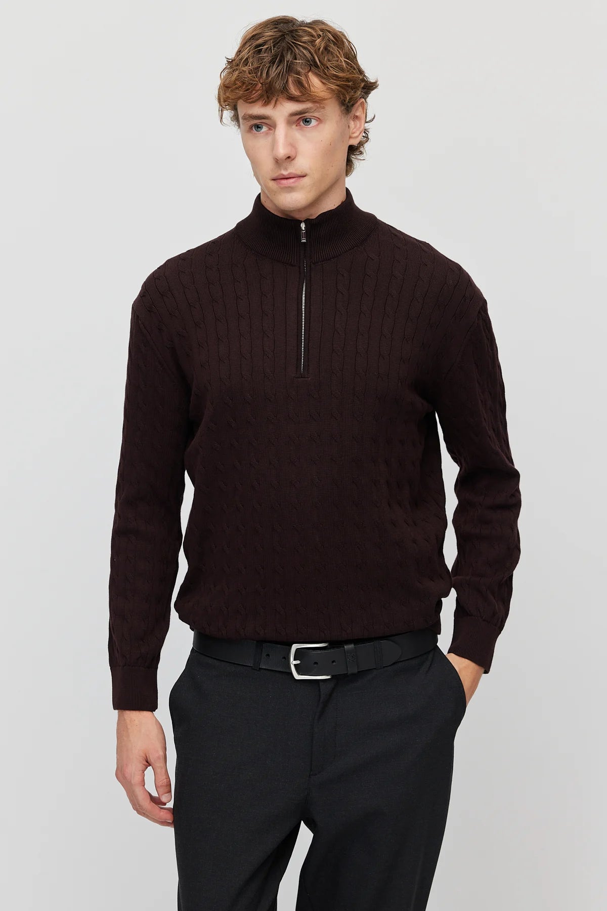 Men's cable-knit mock-neck sweater