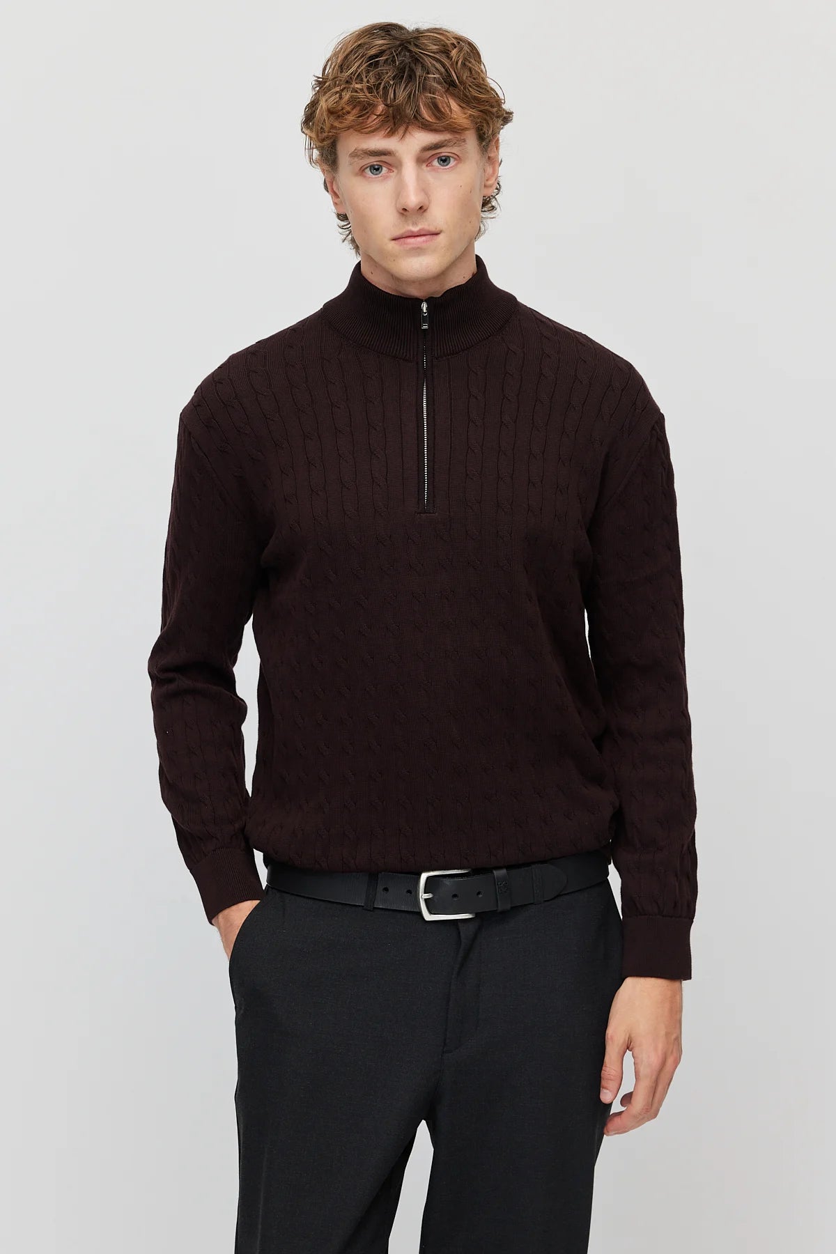 Men's cable-knit mock-neck sweater