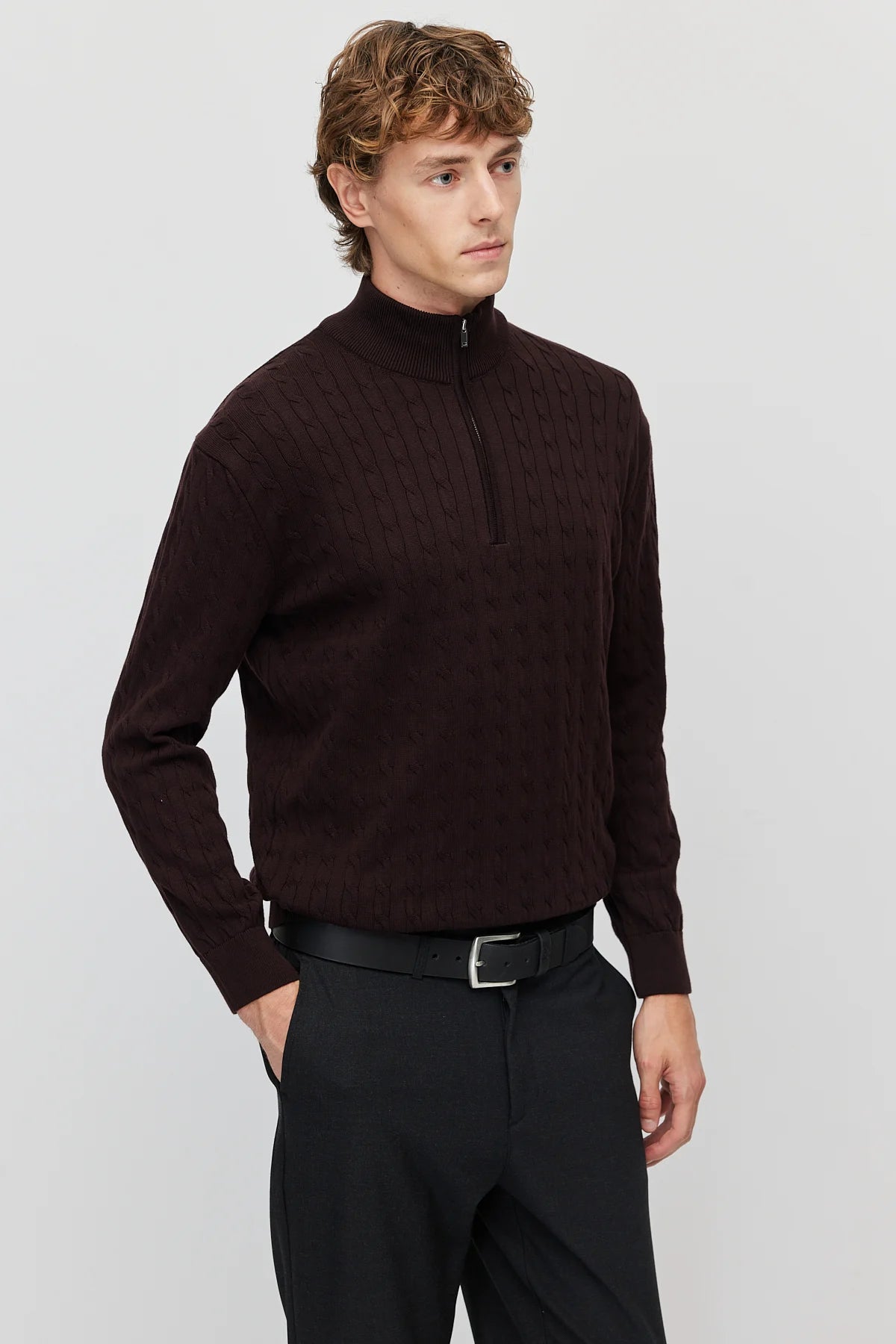 Men's cable-knit mock-neck sweater