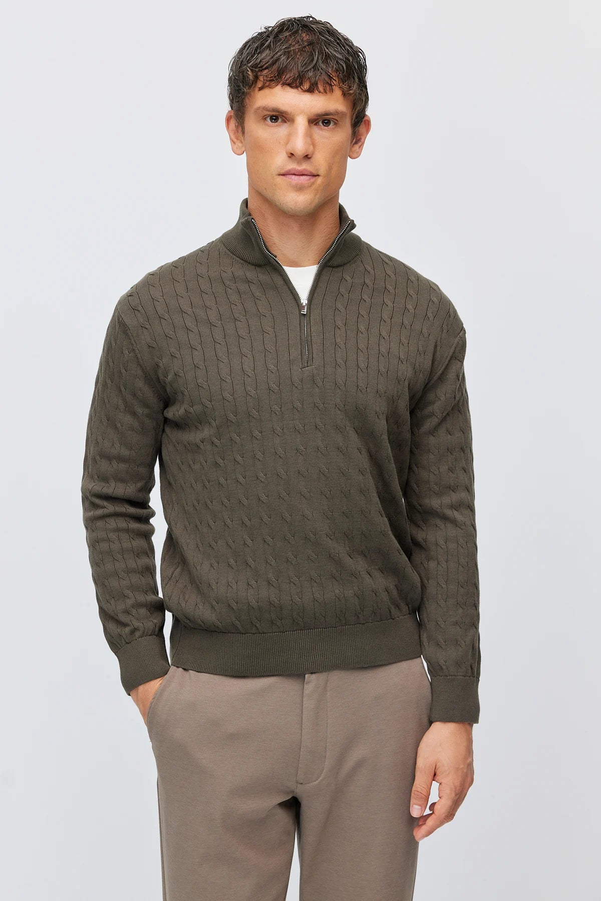 Men's cable-knit mock-neck sweater