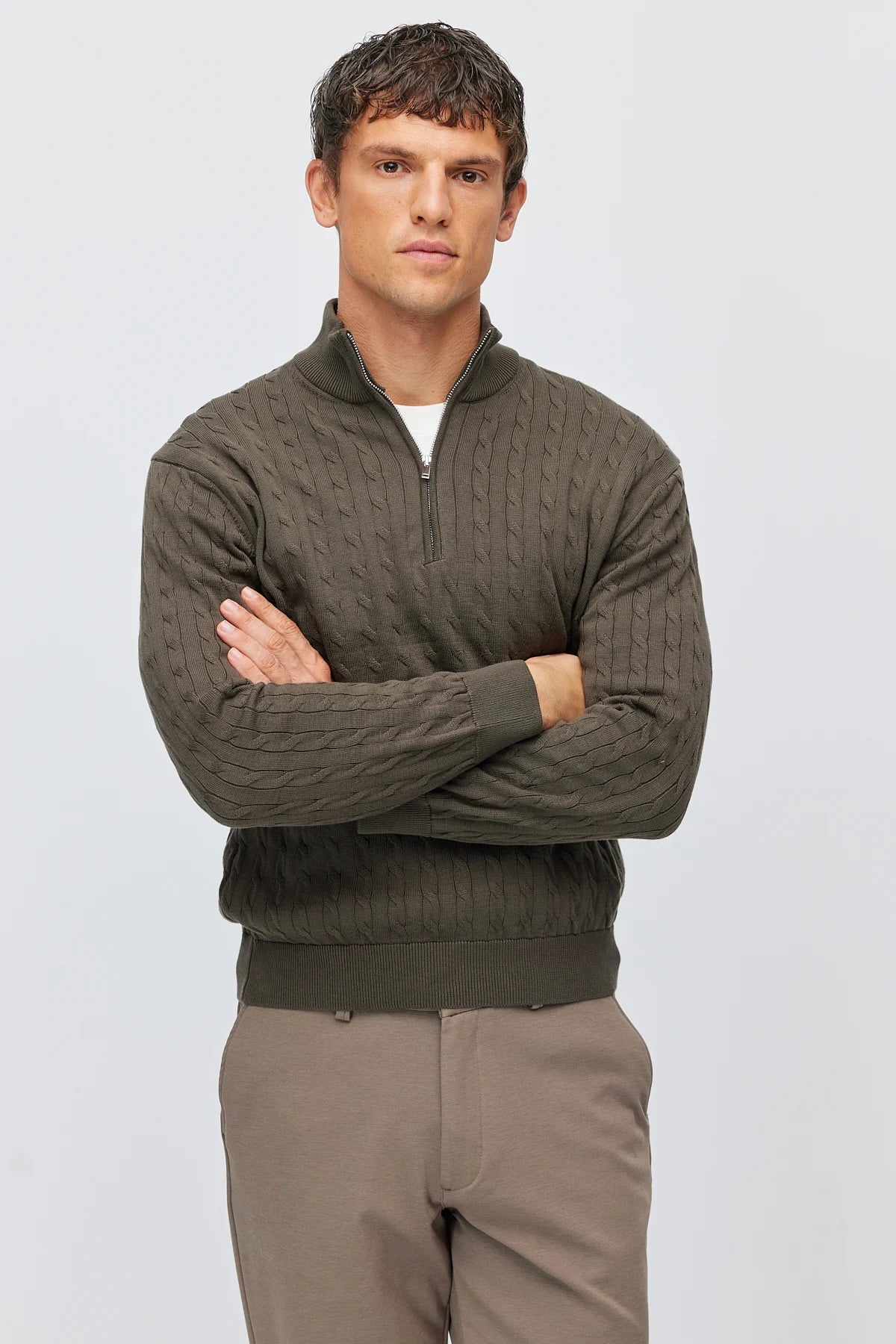 Men's cable-knit mock-neck sweater