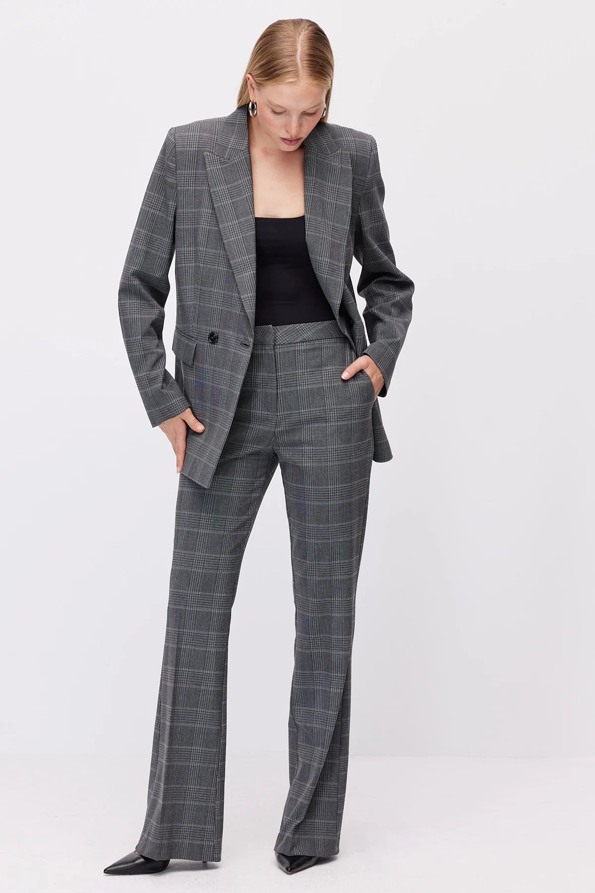 Women's Plaid High-Waisted Flare Fabric Trousers