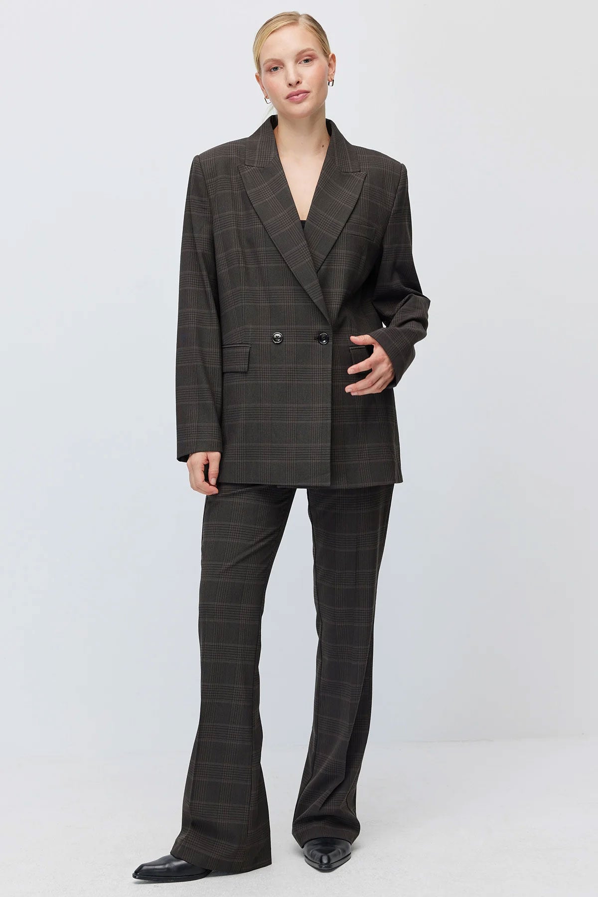 Women's Plaid High-Waisted Flare Fabric Trousers