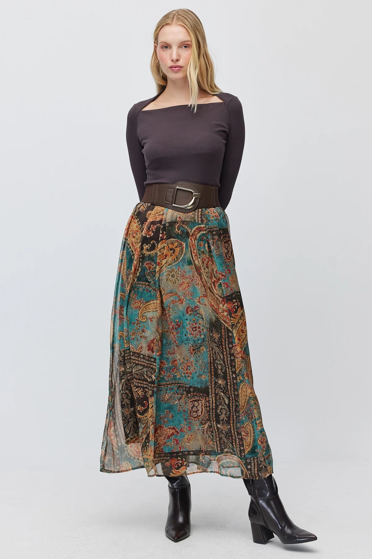 Women's Shawl Patterned Tulle Fabric Long Skirt
