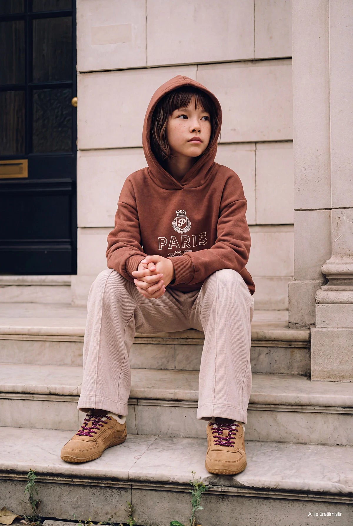 Girls' Loose Fit Textured Sweatpants with Stitching Detail