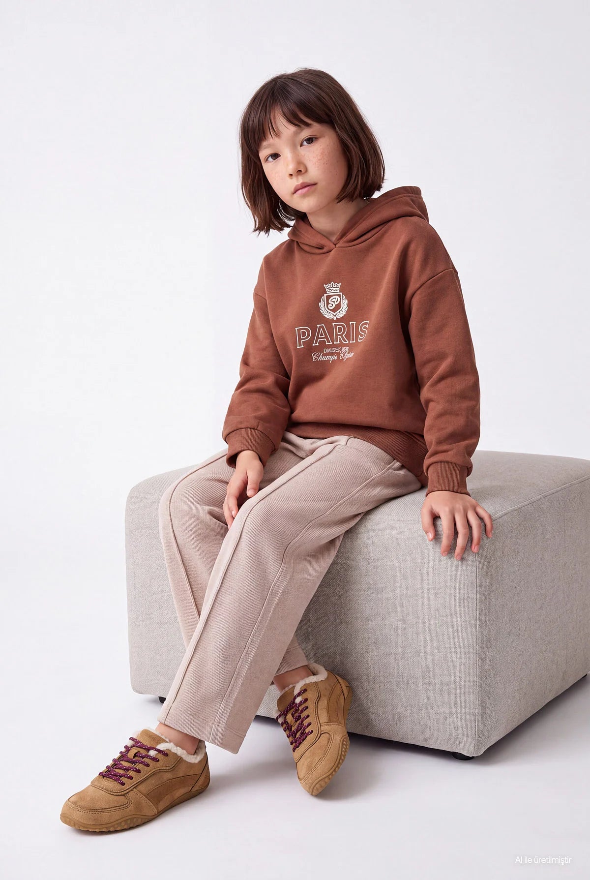 Girls' Loose Fit Textured Sweatpants with Stitching Detail