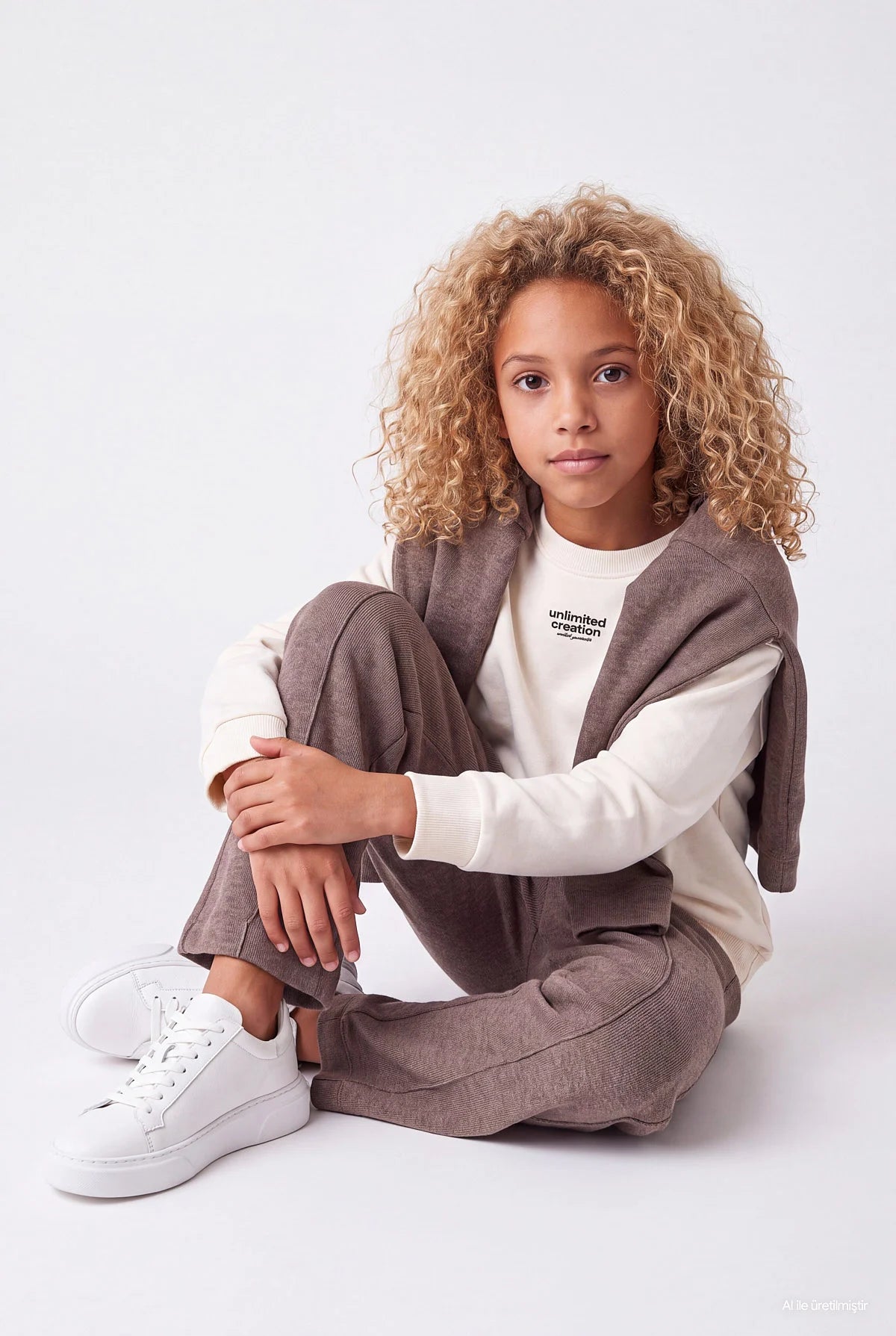 Girls' Loose Fit Textured Sweatpants with Stitching Detail
