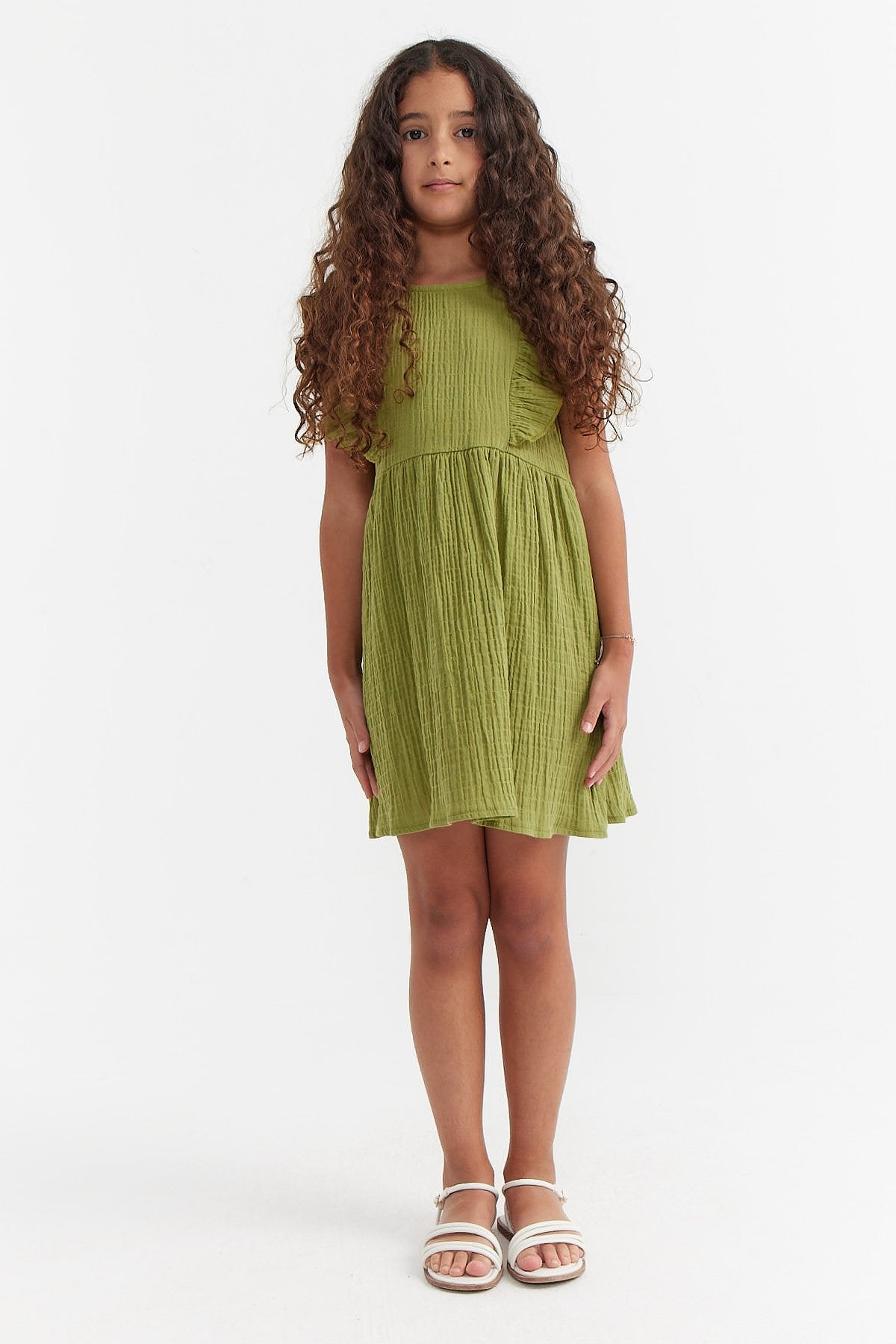 Girl's Textured Dress with Ruffle Sleeve Detail
