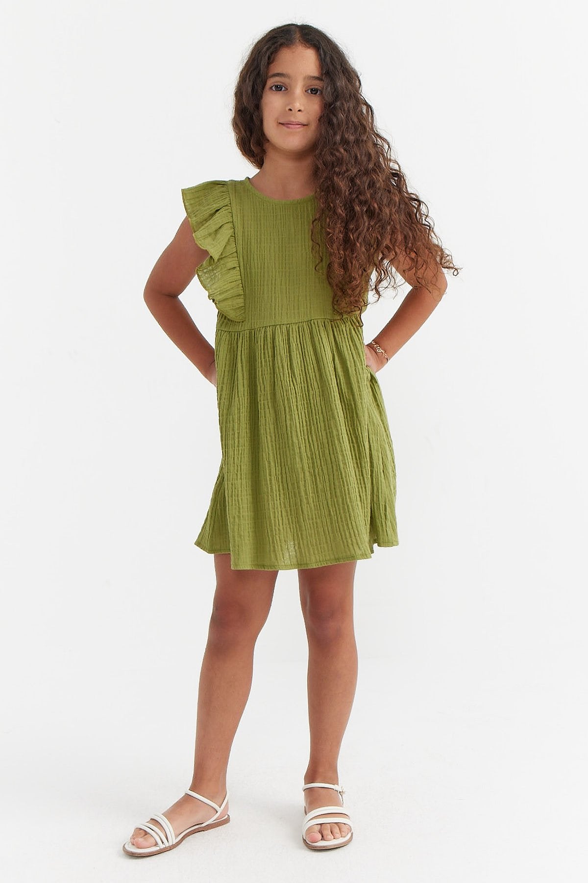 Girl's Textured Dress with Ruffle Sleeve Detail